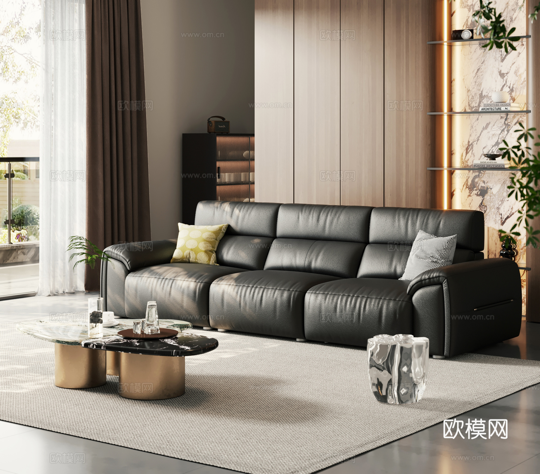 现代多人位沙发 皮质沙发 大黑牛沙发  电动功能沙发3d模型下载（渲染图1）