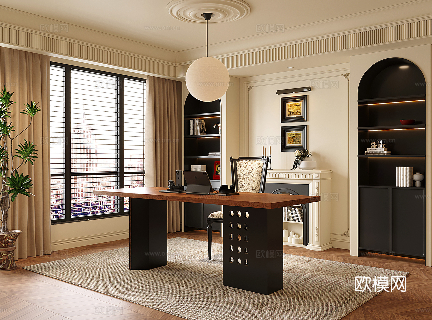 法式中古书房 书桌椅 书柜 壁炉 盆栽su模型