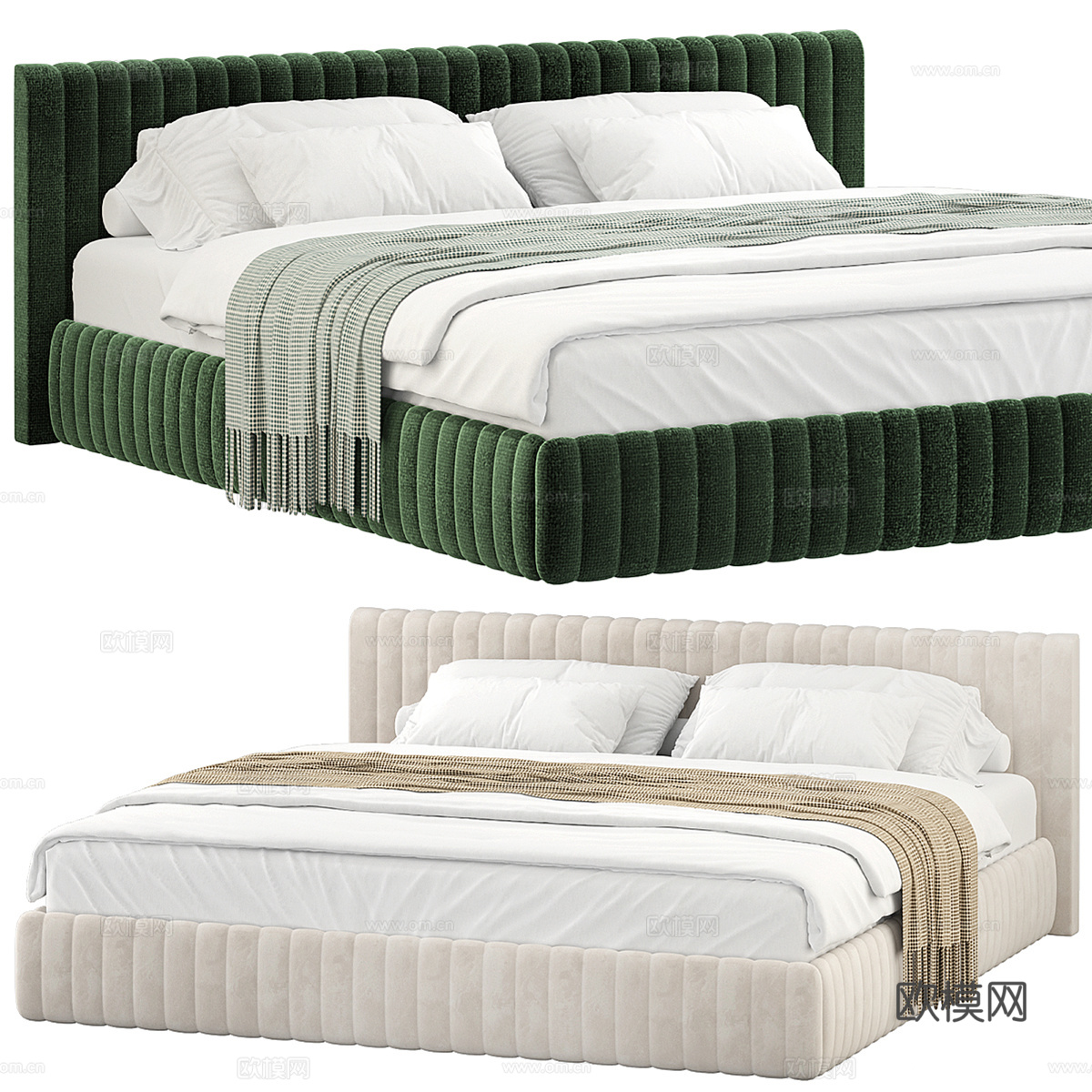 Nico现代绿色天鹅绒双人床3d模型3d模型下载（渲染图1）
