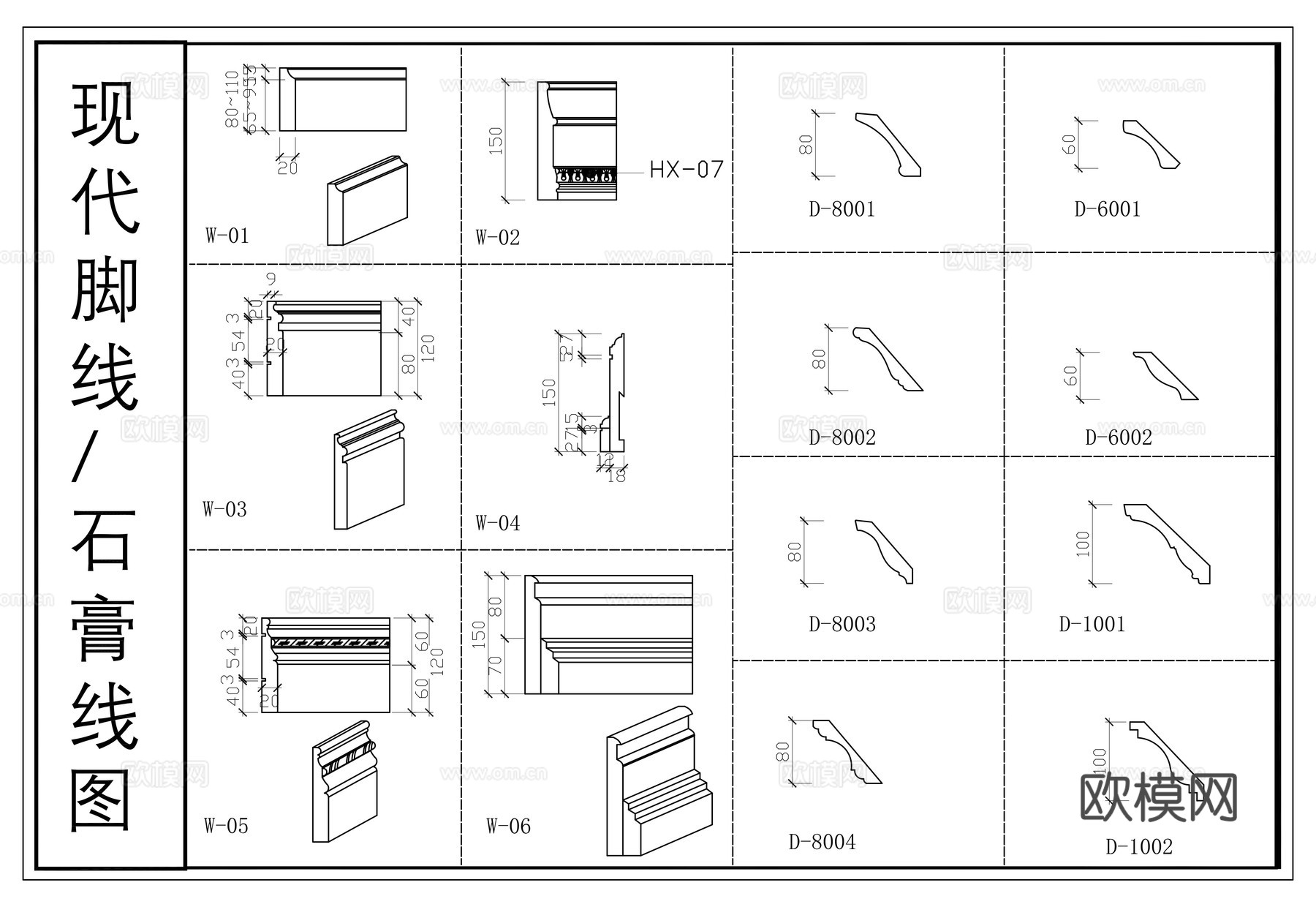 欧式装饰线条  现代脚线  雕花线条 石膏线条cad施工图
