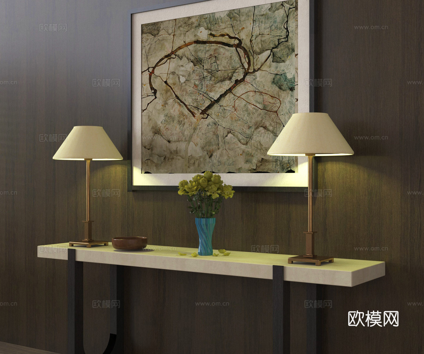 中古端景玄关柜 大理石条案 台灯摆件 挂画su模型