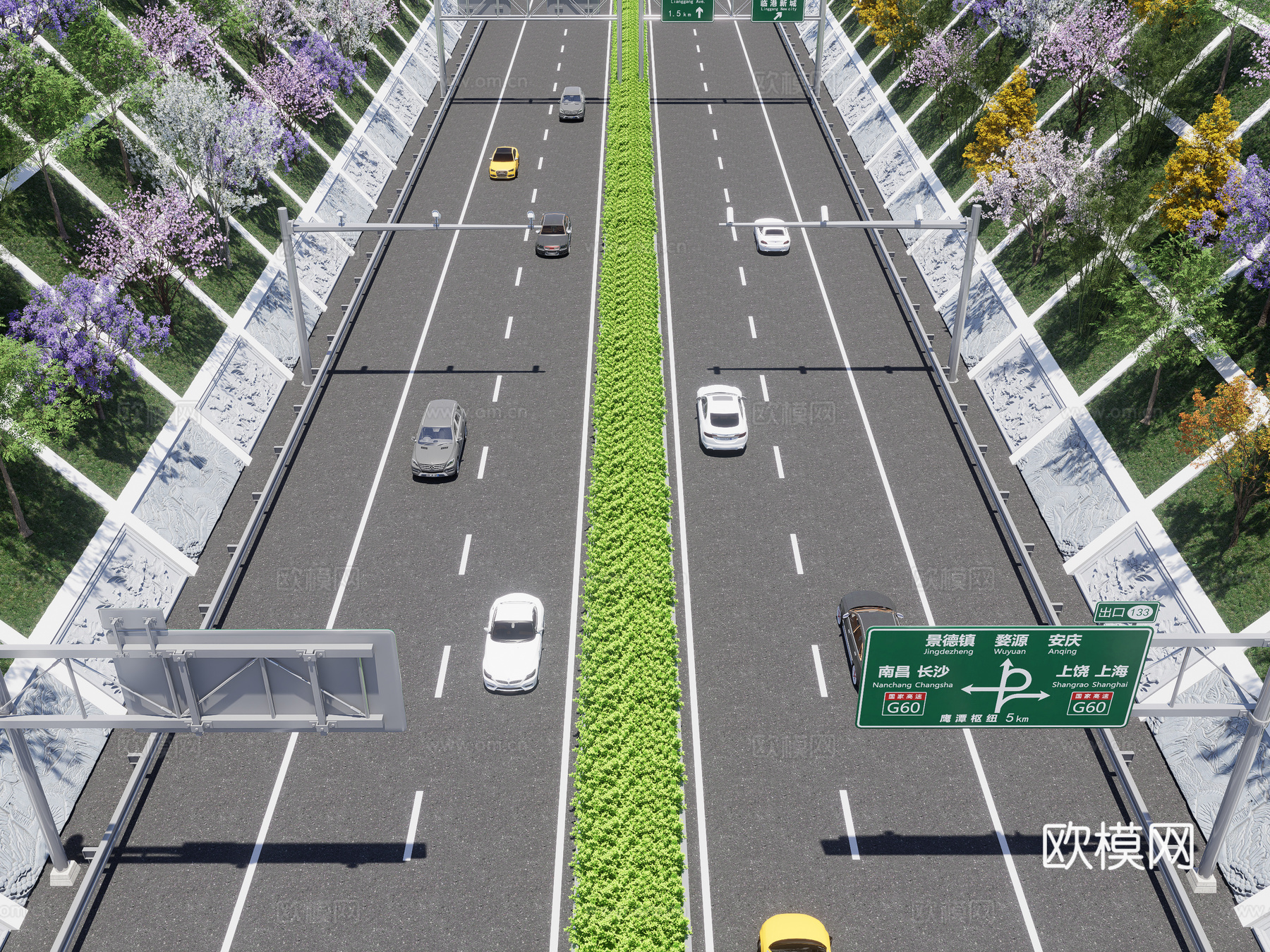 现代高速公路 高速道路 护坡 路障 汽车 边坡 交通指示牌su模型