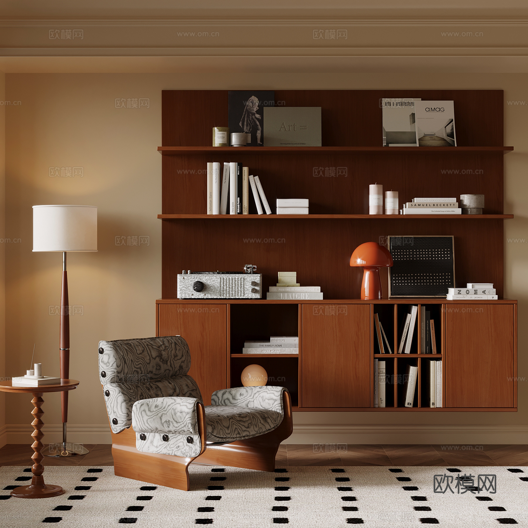 中古风书柜 休闲椅 落地灯su模型