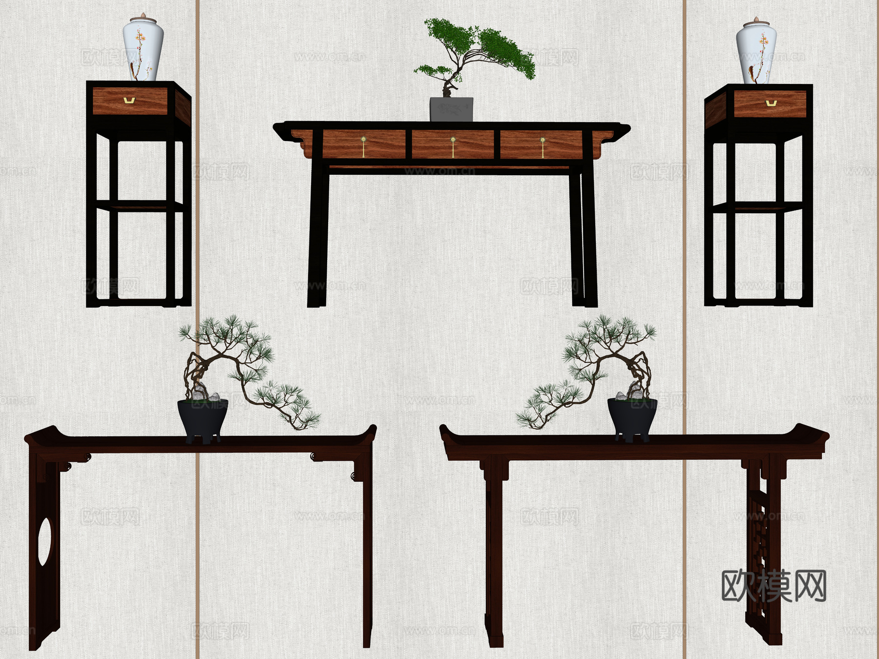 中式玄关端景条案 实木端景台 端景柜玄关柜 中式花架3d模型下载（渲染图3）