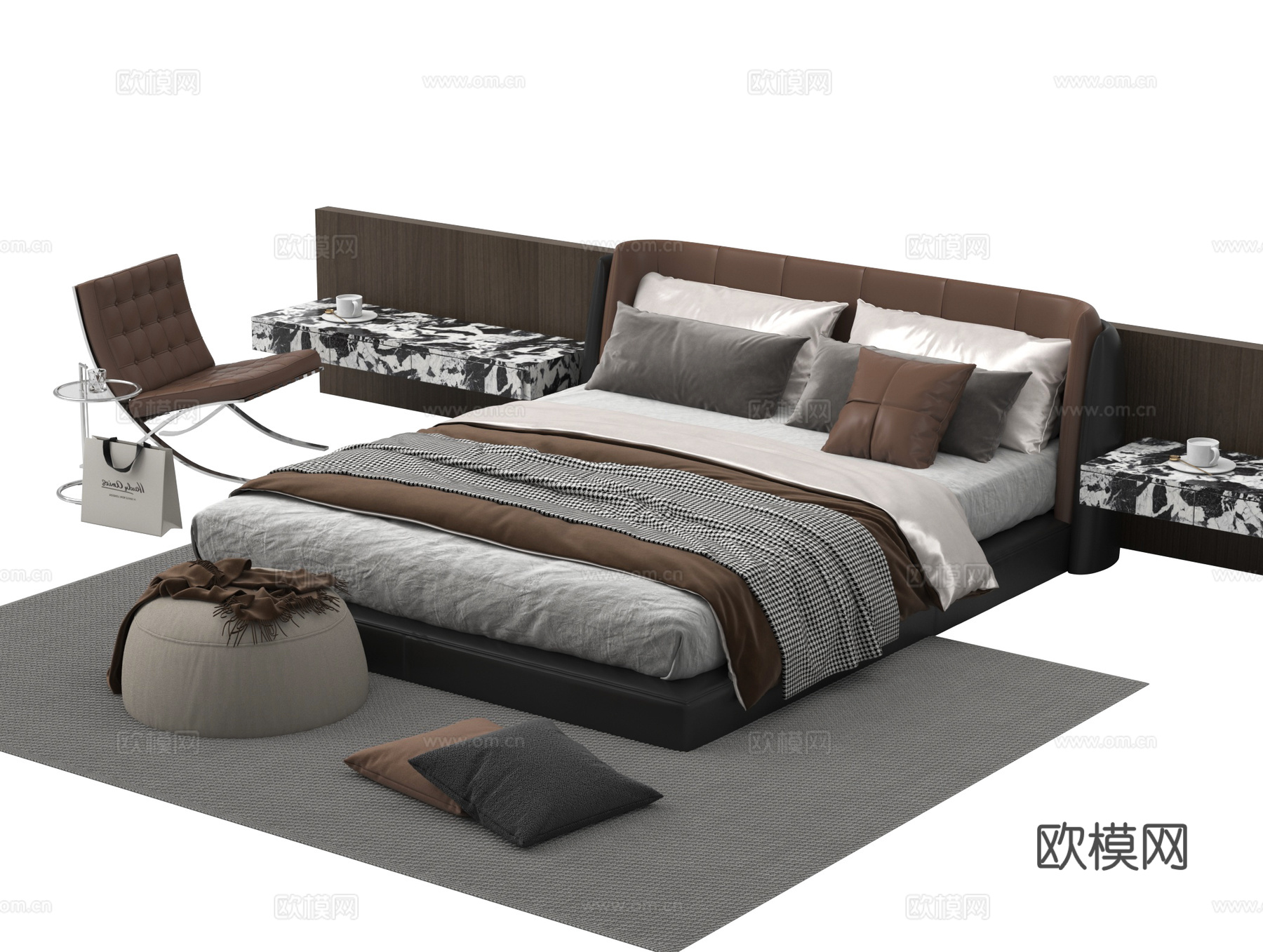 意式双人床 床头柜 床品 单椅 小几3d模型下载