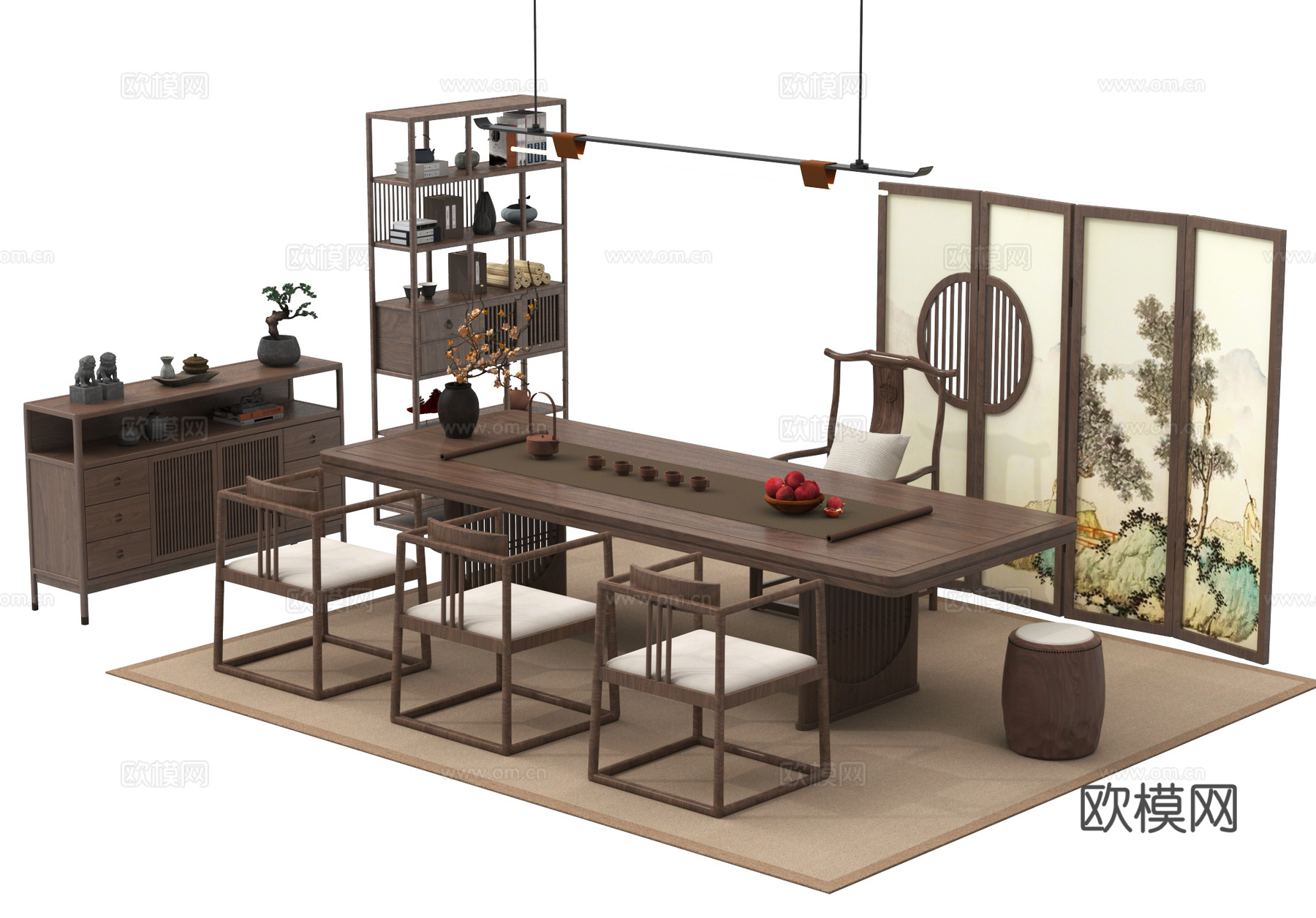 新中式茶室 茶台 茶桌椅 茶具 吊灯屏风su模型