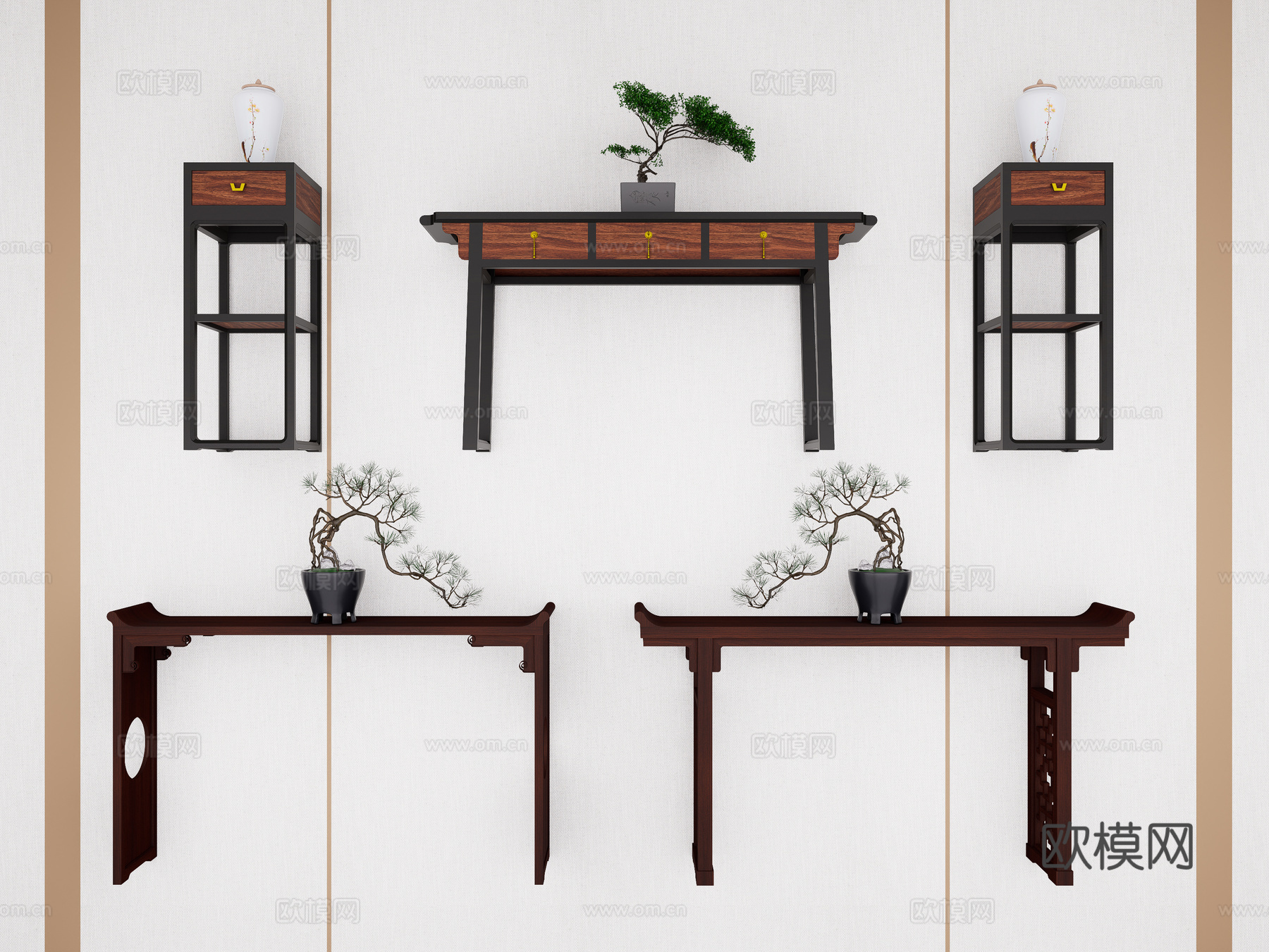 中式玄关端景条案 实木端景台 端景柜玄关柜 中式花架3d模型下载（渲染图1）