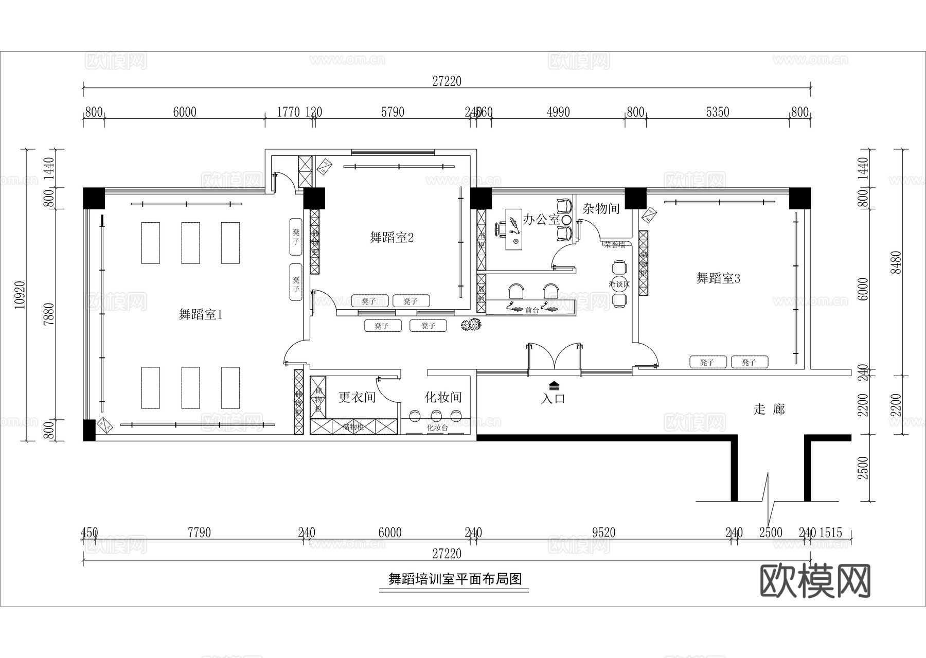 现代极简舞蹈室平面方案图cad施工图