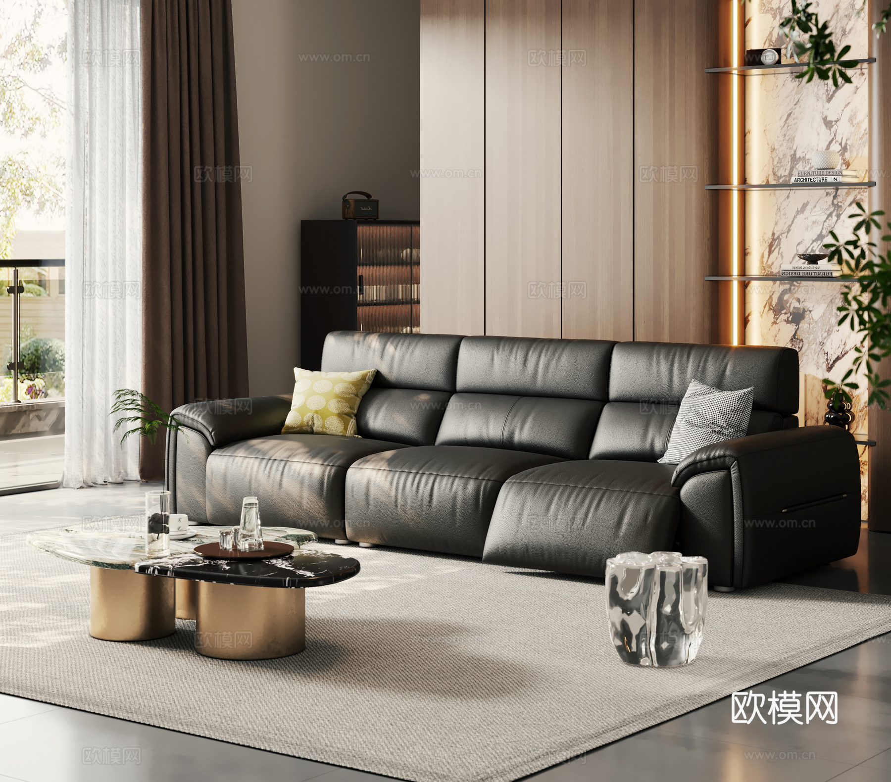 现代多人位沙发 皮质沙发 大黑牛沙发  电动功能沙发3d模型下载（渲染图2）