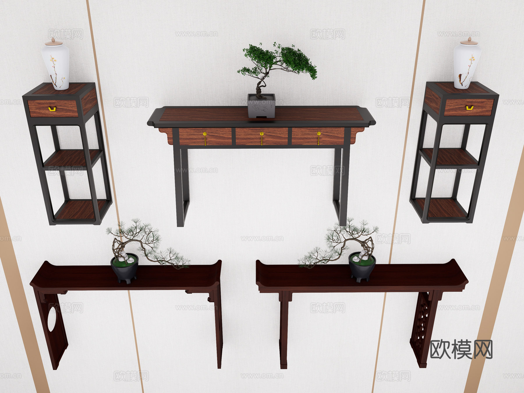 中式玄关端景条案 实木端景台 端景柜玄关柜 中式花架3d模型下载（渲染图2）