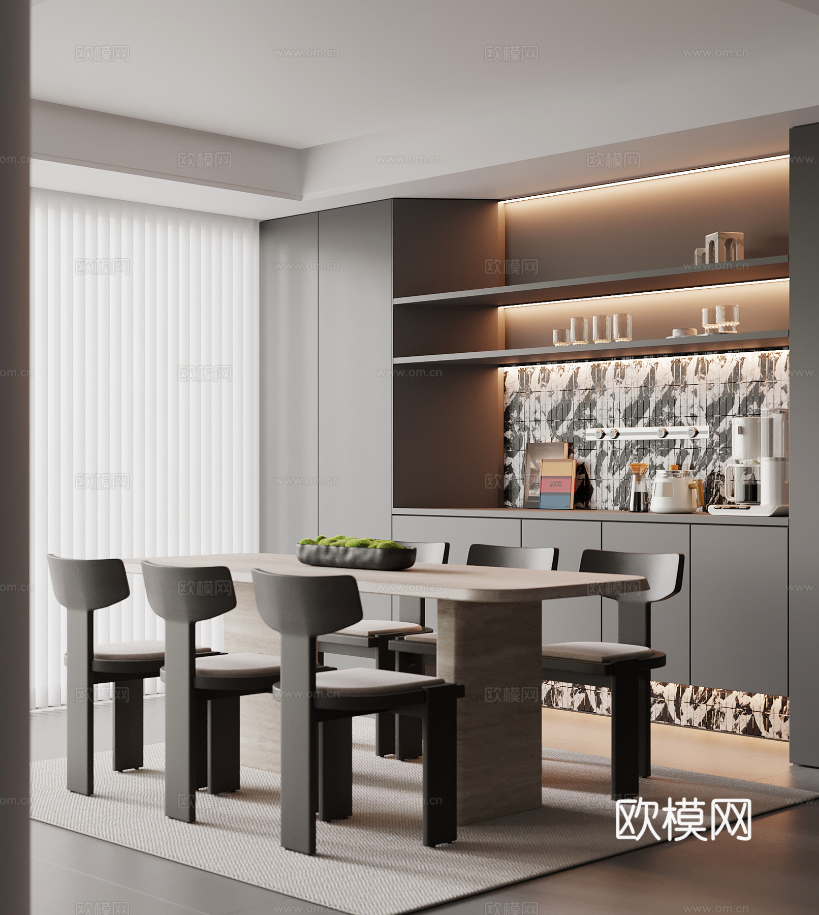 现代餐厅 餐桌椅  酒柜su模型