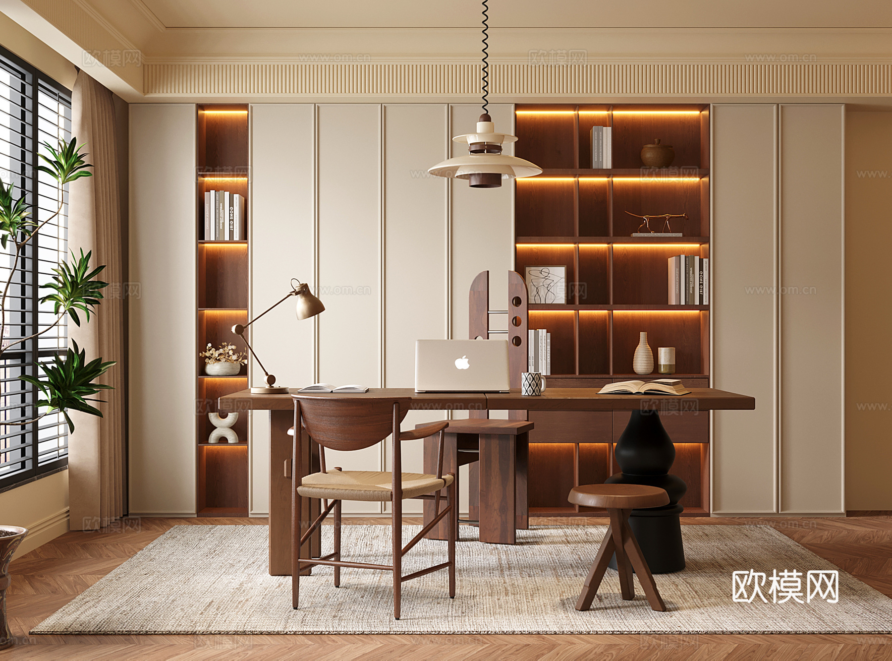 中古书房 侘寂书桌椅 书柜 盆栽 小吊灯su模型
