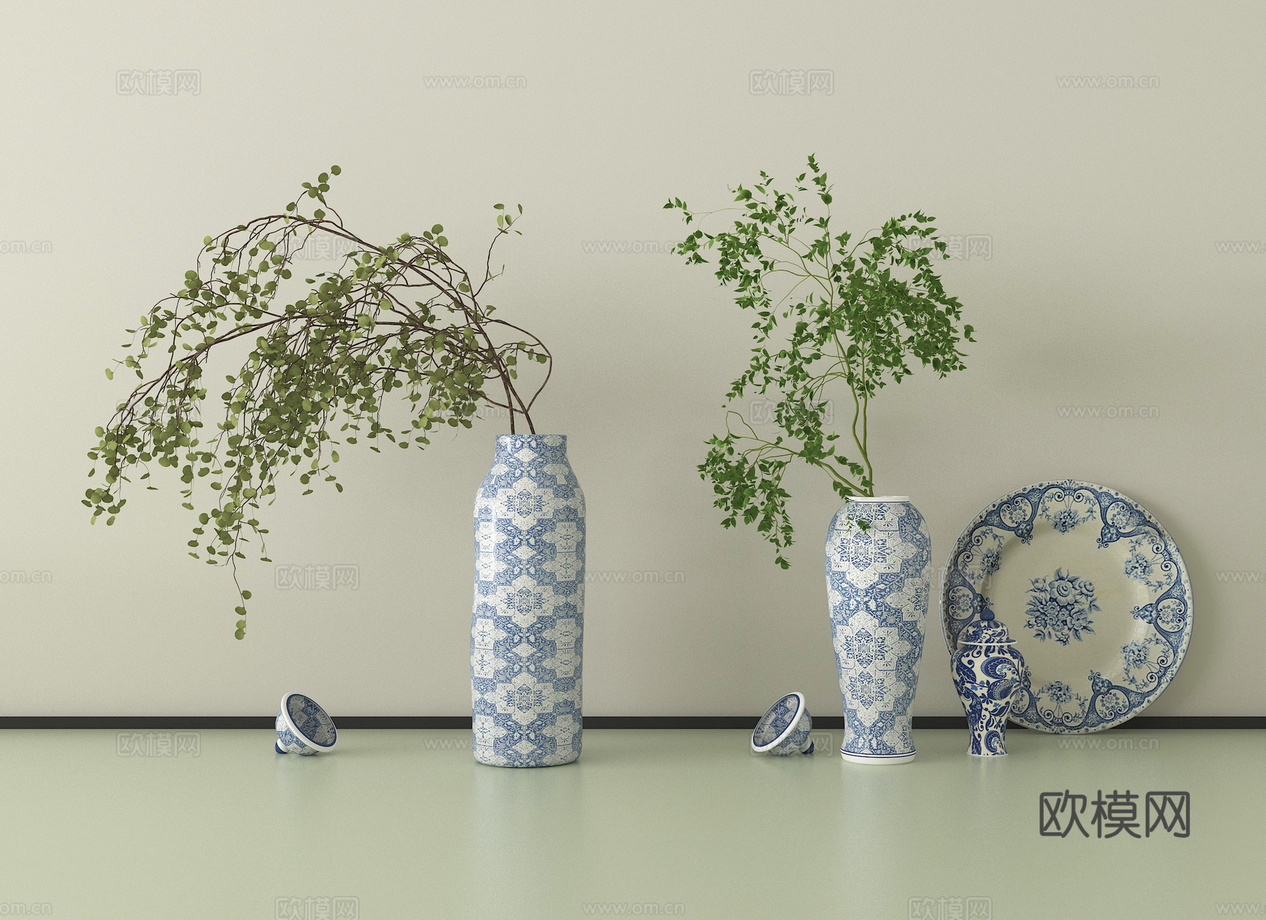 中式青花瓷花瓶 花瓶 盘子摆件su模型