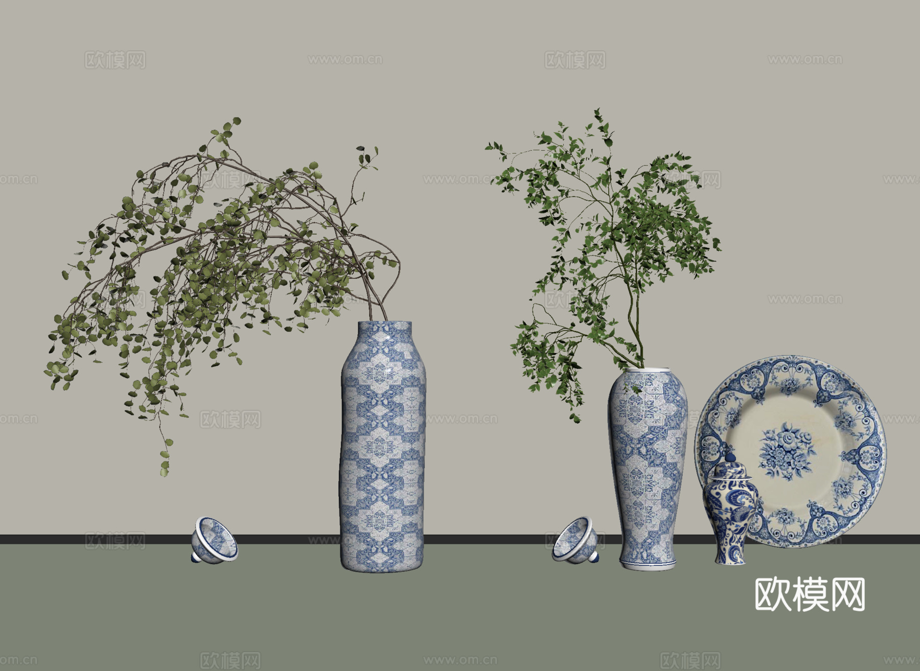 中式青花瓷花瓶 花瓶 盘子摆件su模型