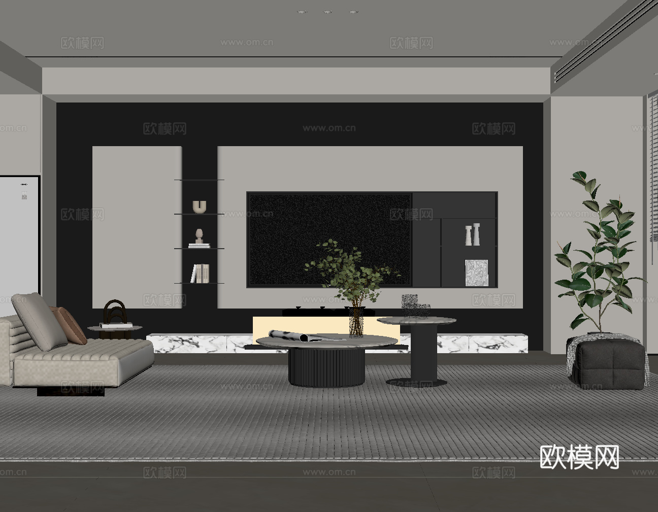 现代极简客厅 电视背景墙 沙发组合su模型