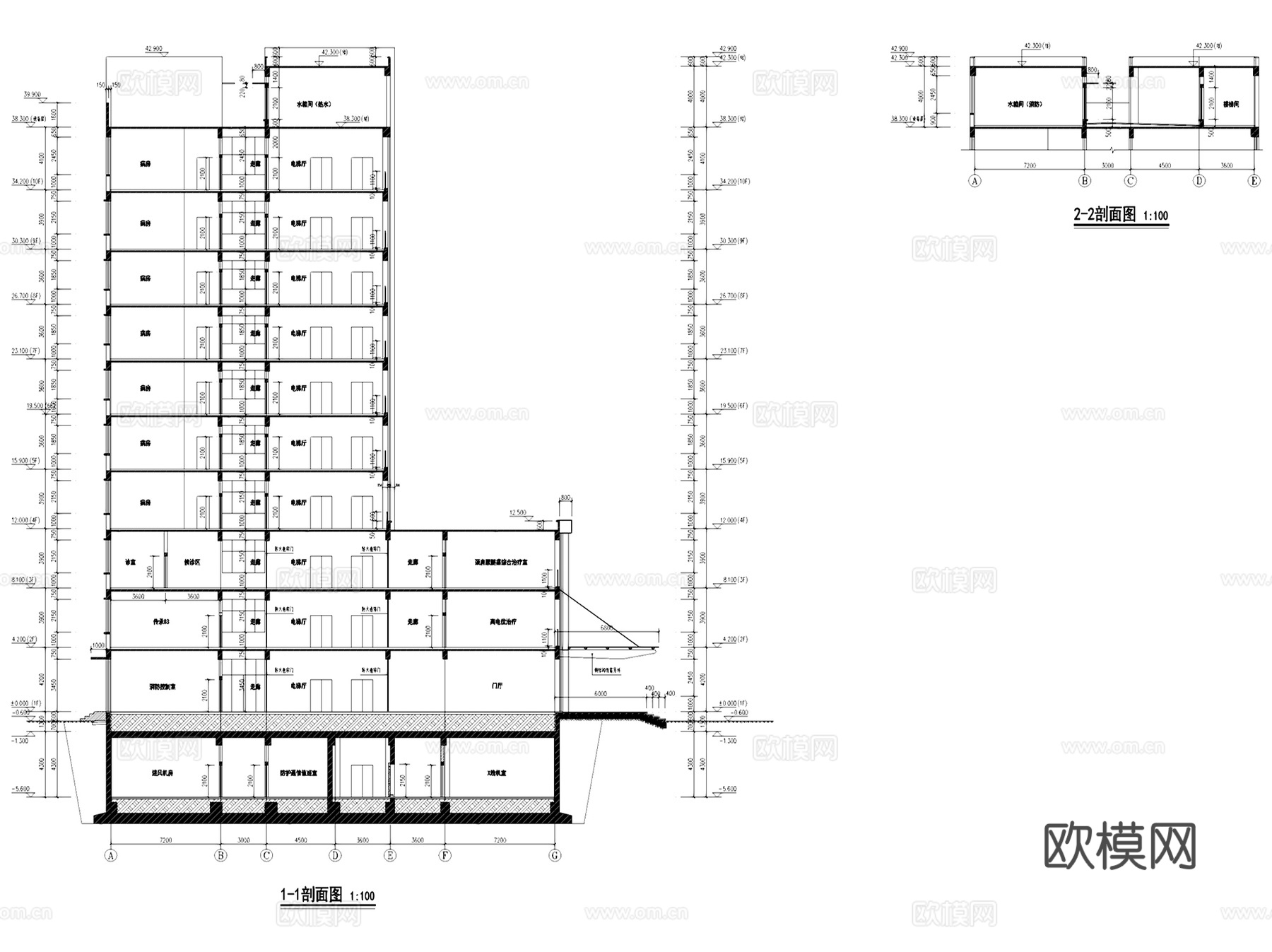 献县中医医院康复楼建筑CAD施工图全套cad施工图