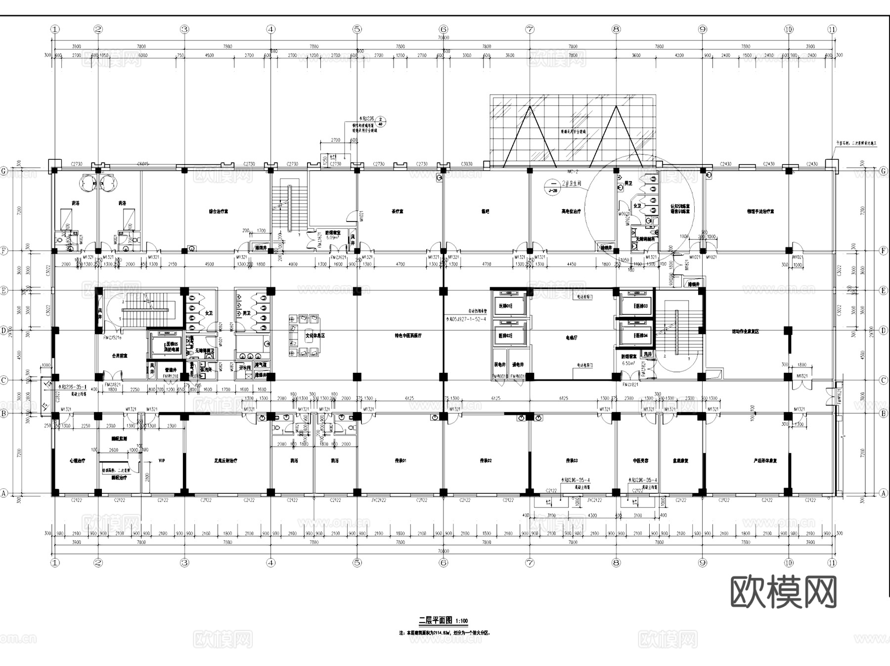 献县中医医院康复楼建筑CAD施工图全套cad施工图
