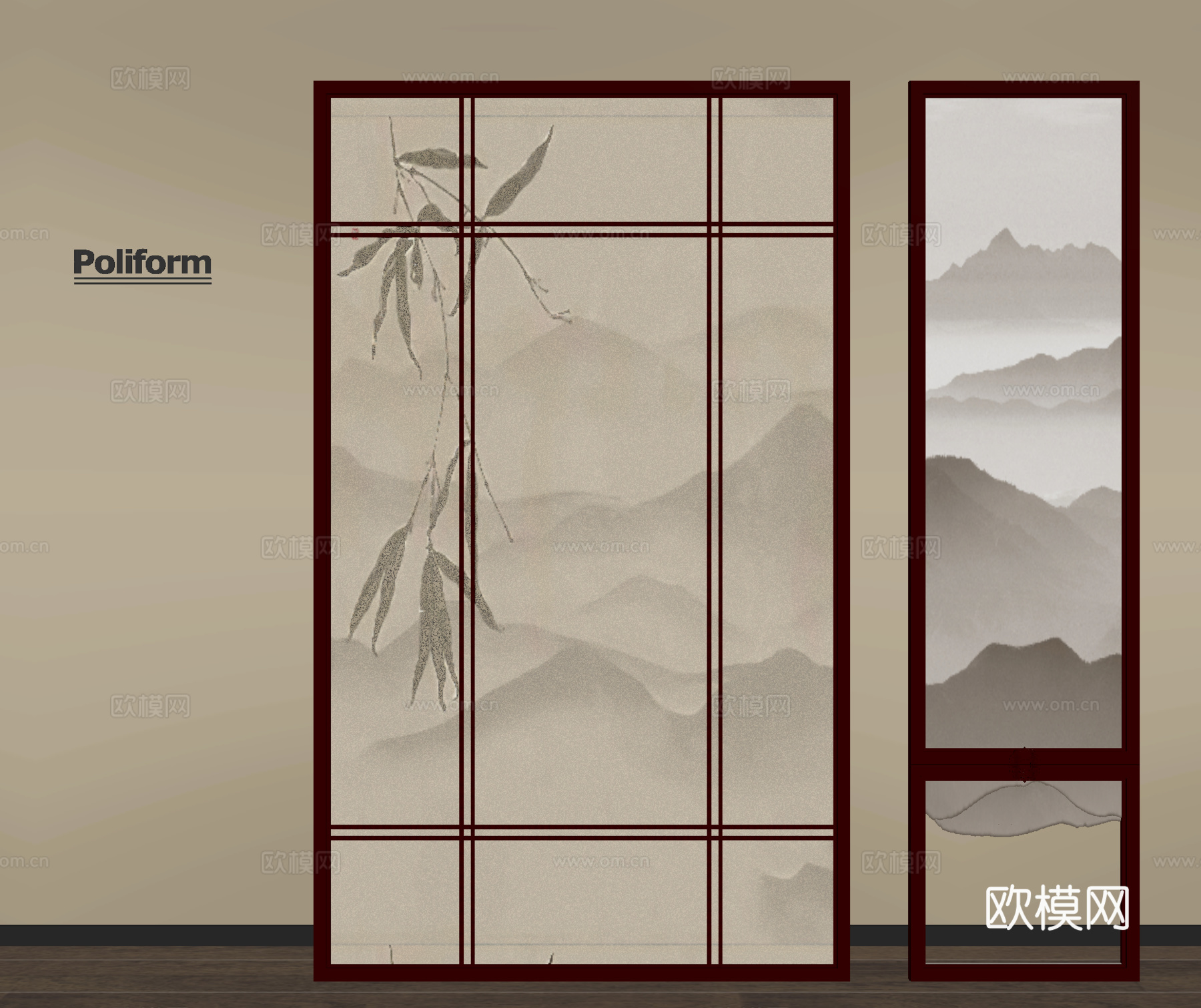 新中式屏风隔断 木屏风 山水屏风su模型