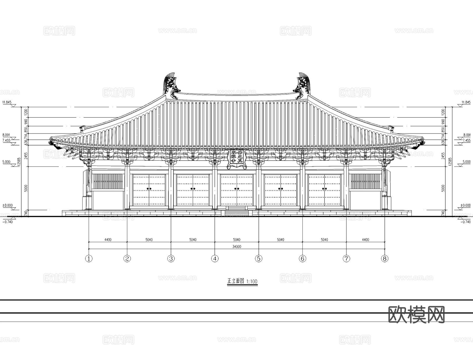 五台山佛光真容禅寺大殿建筑CAD施工图+SU模型cad施工图