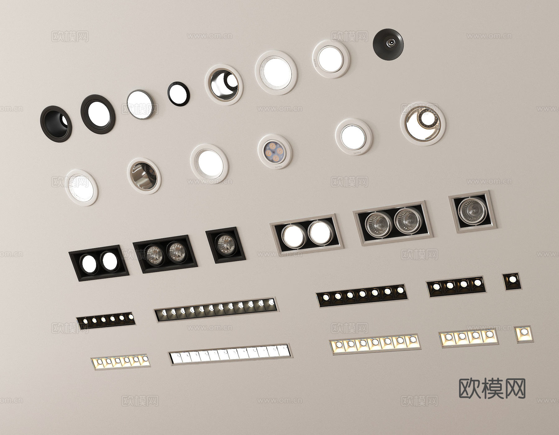 现代筒灯射灯 嵌入式筒灯射灯 线性灯 格栅灯3d模型下载