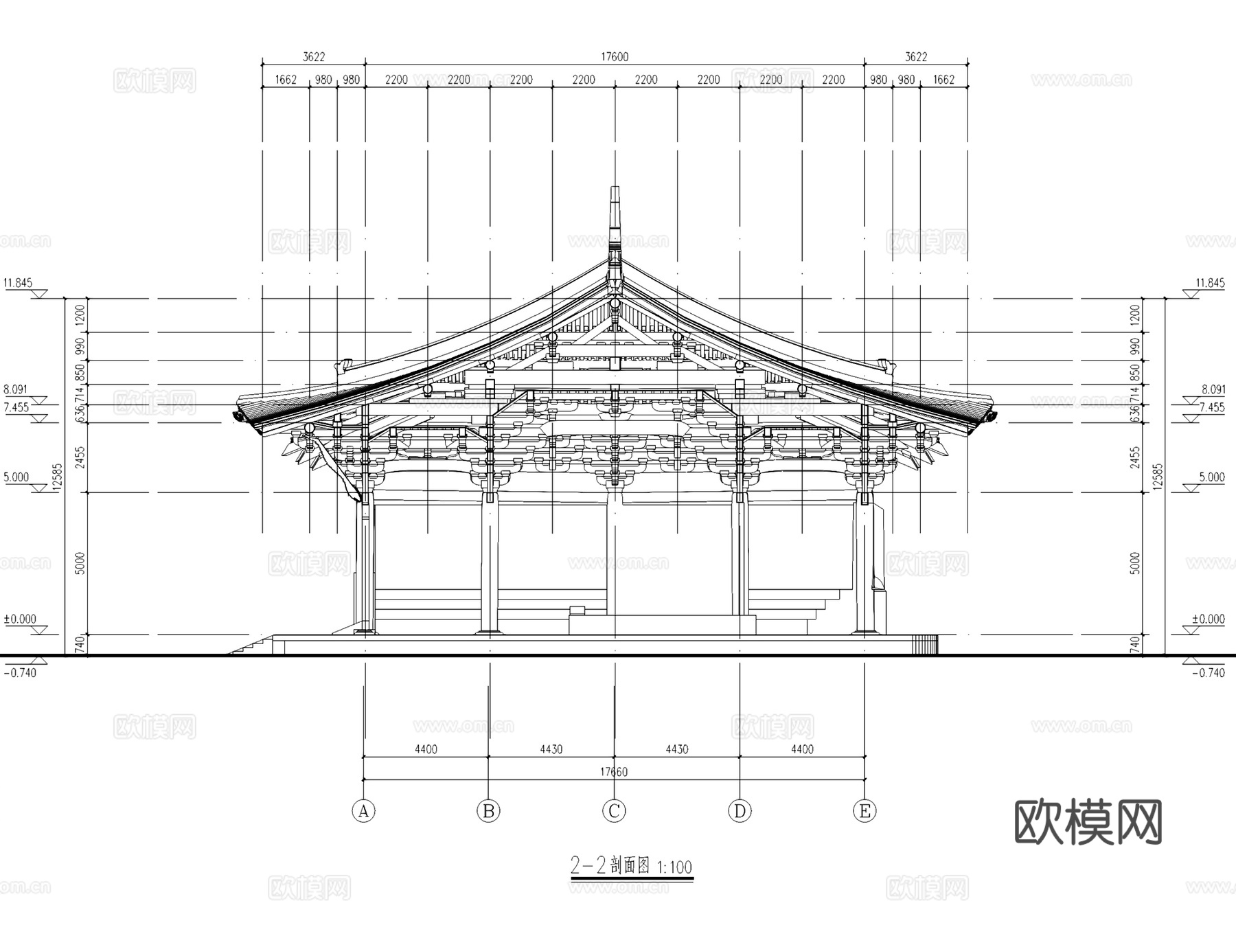五台山佛光真容禅寺大殿建筑CAD施工图+SU模型cad施工图