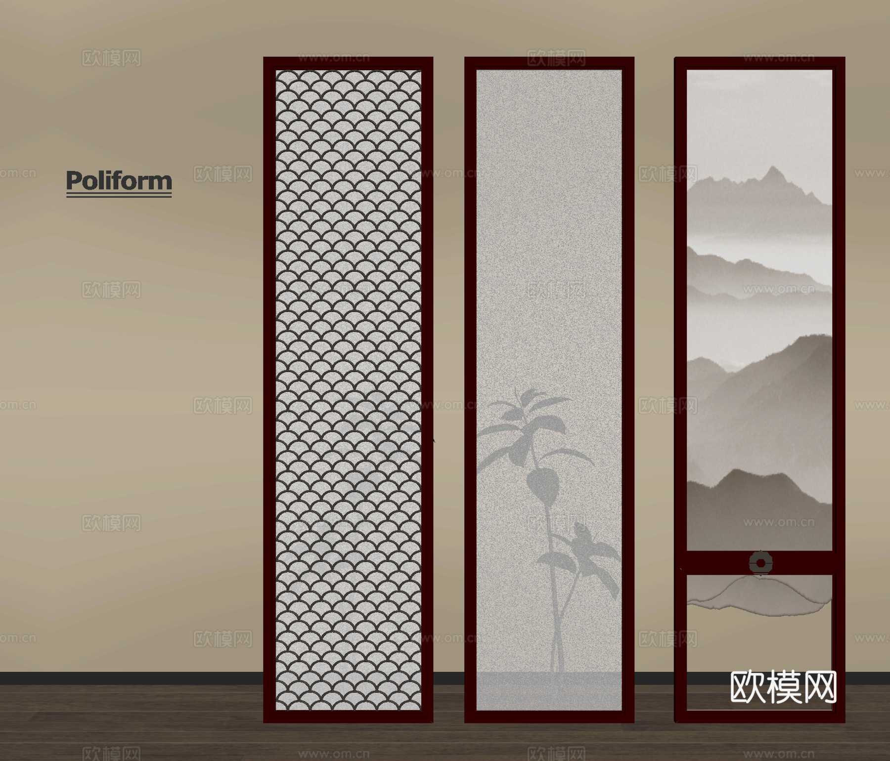 新中式屏风隔断 木屏风 山水屏风su模型
