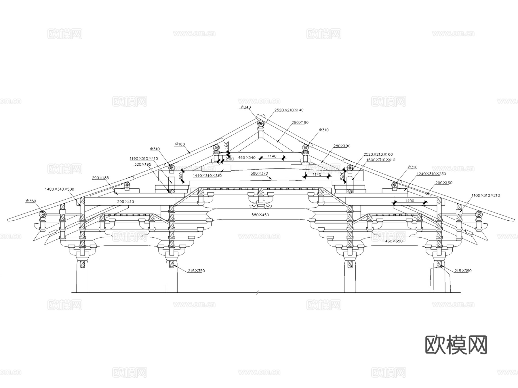 五台山佛光真容禅寺大殿建筑CAD施工图+SU模型cad施工图