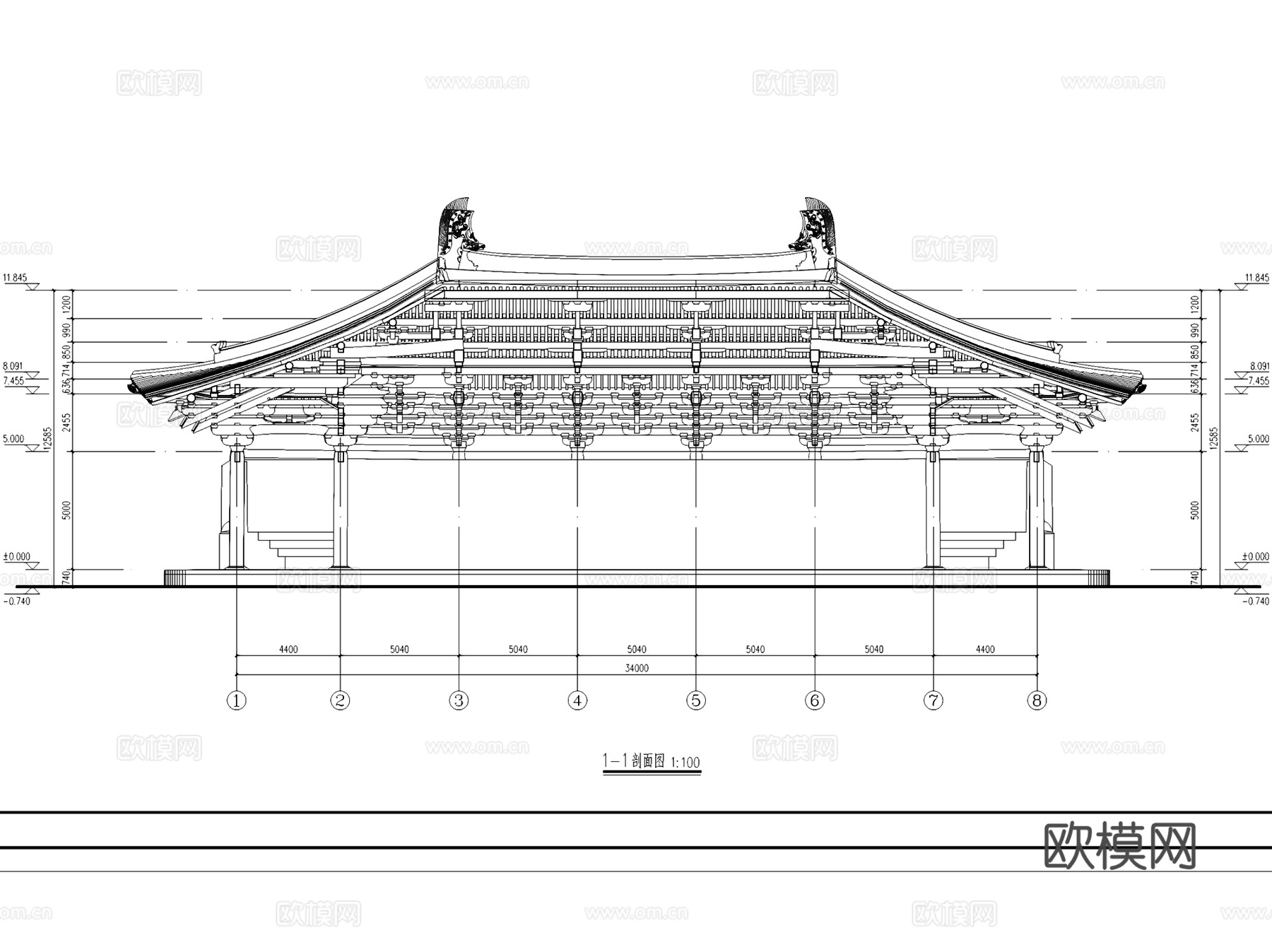 五台山佛光真容禅寺大殿建筑CAD施工图+SU模型cad施工图