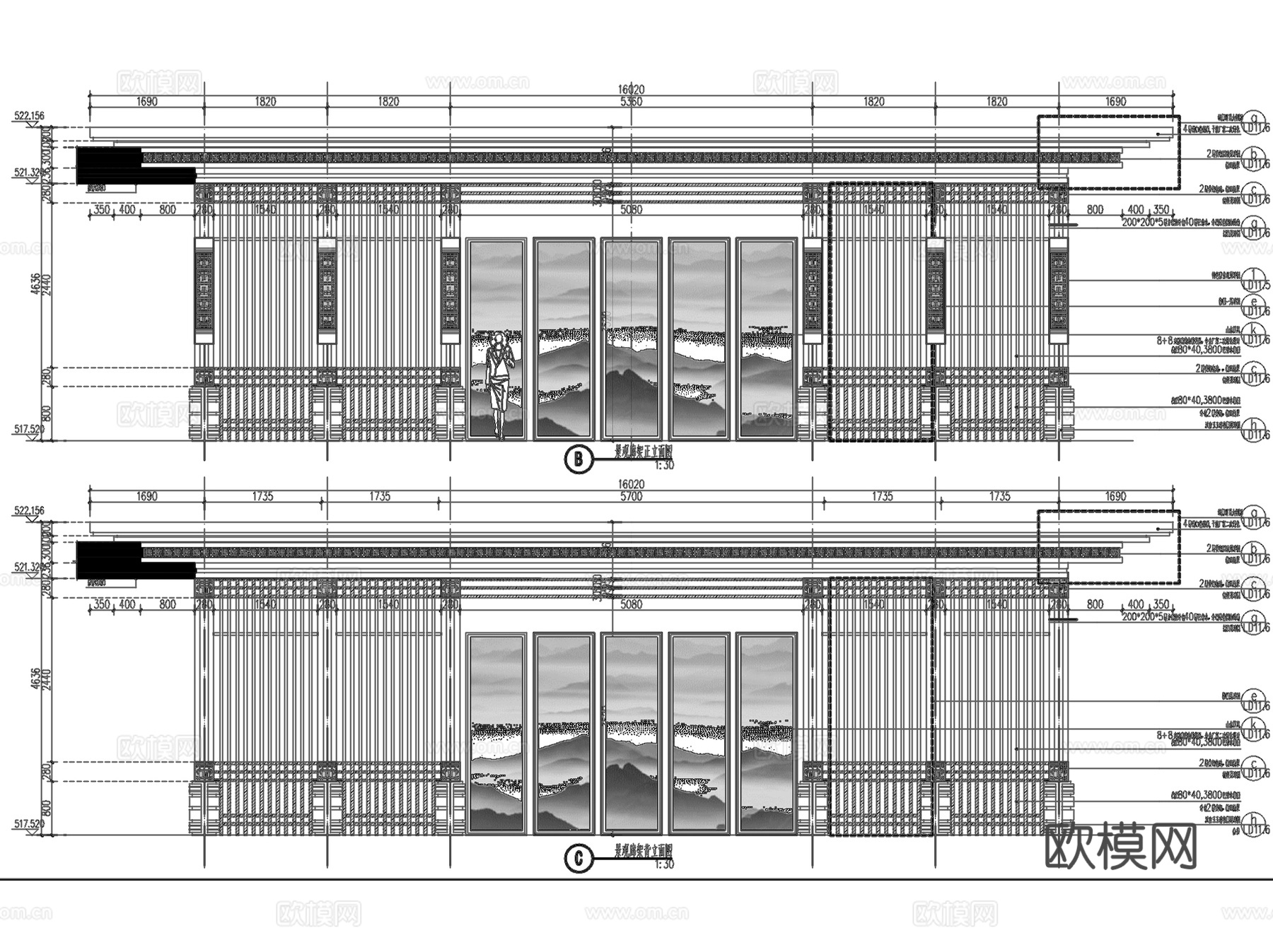 新中式禅意庭院景观廊架及拴马桩CADcad施工图