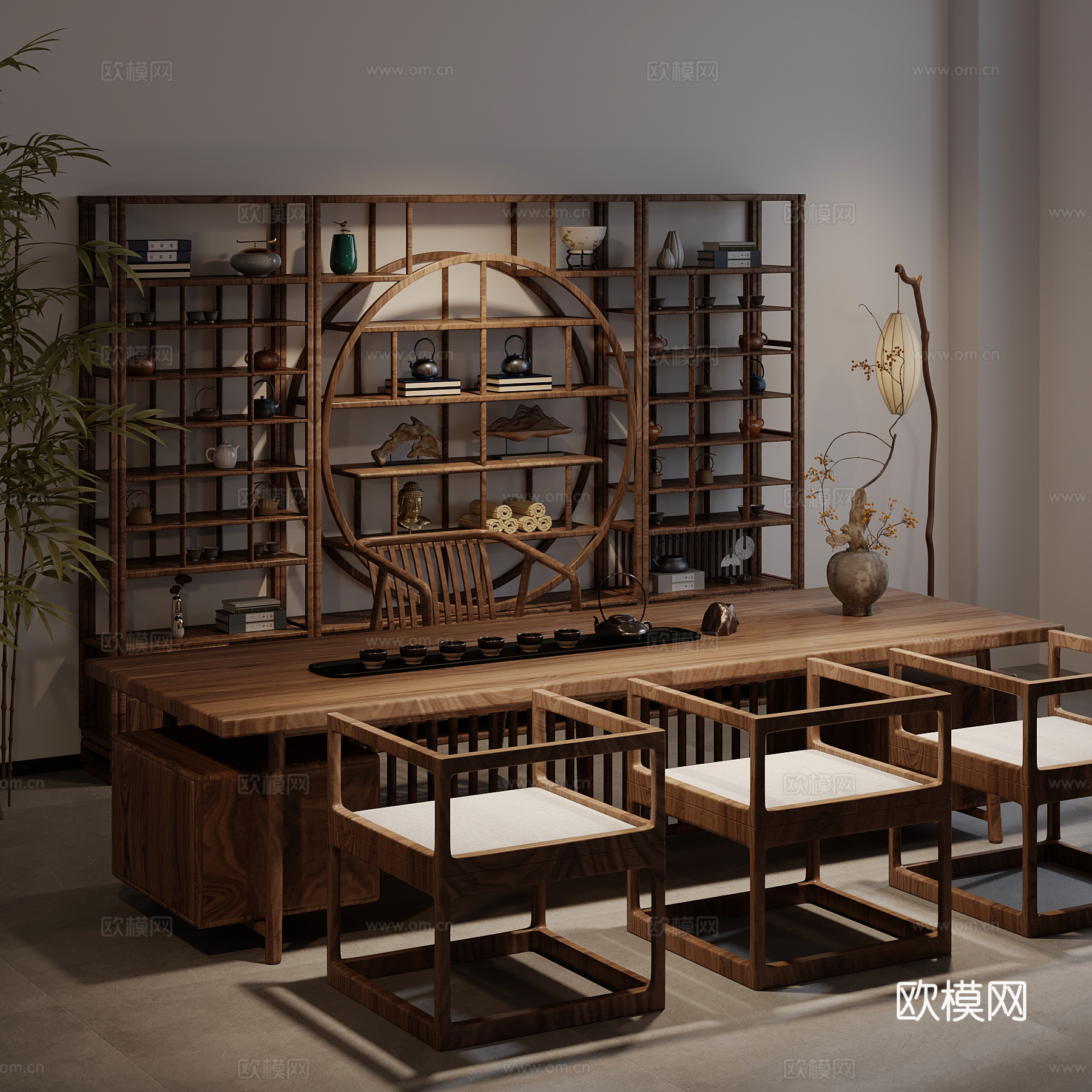 新中式茶室茶桌椅博古架su模型