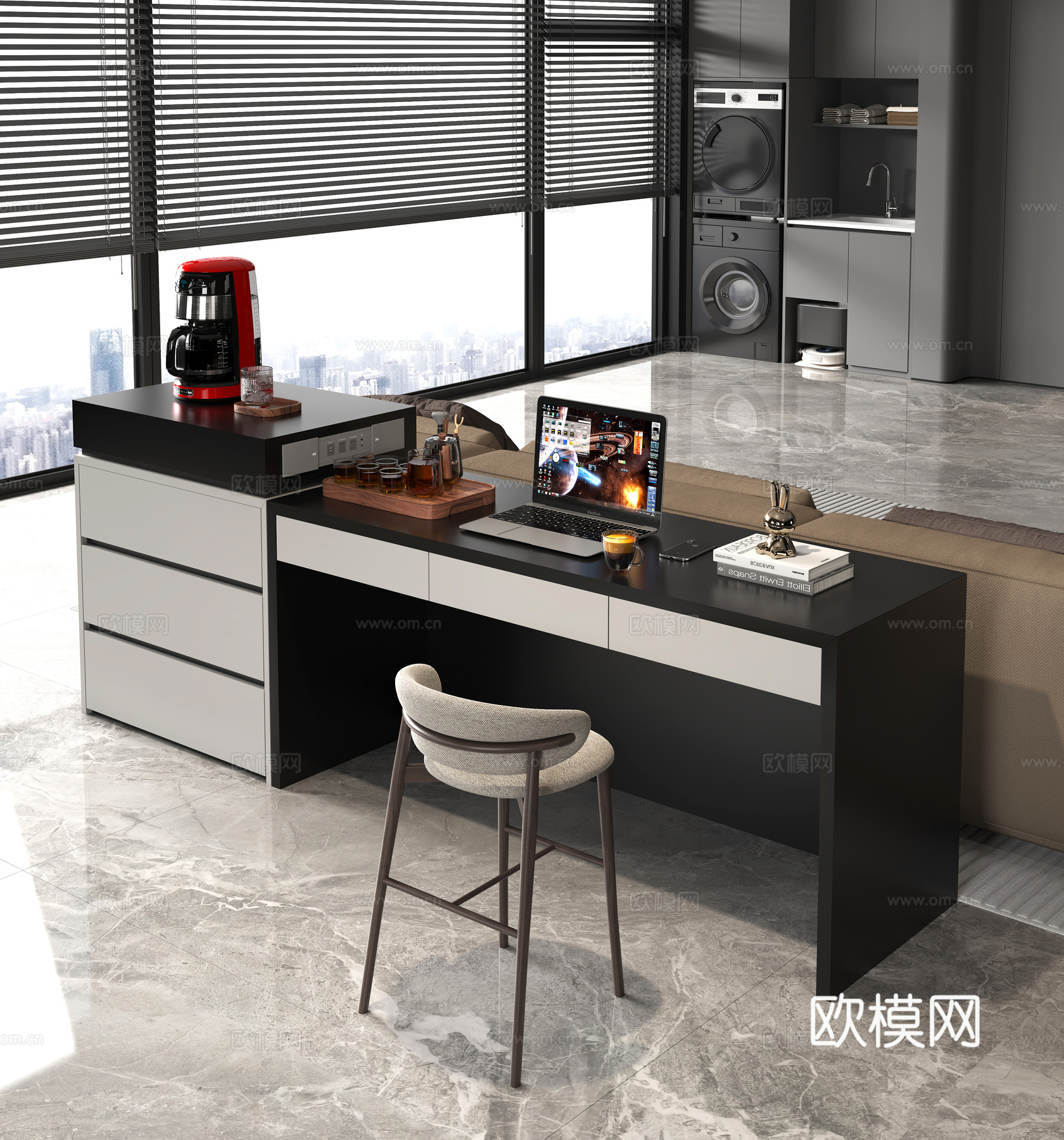 现代吧台书桌组合 极简岛台柜组合 笔记本电脑茶具 咖啡书本摆su模型