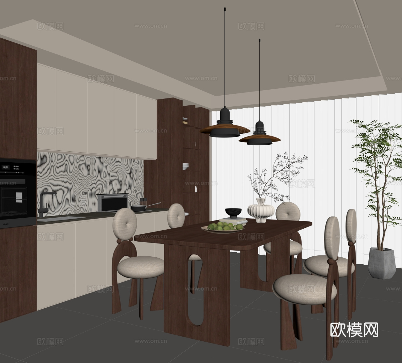 现代中古风餐厅 酒柜 餐桌椅su模型