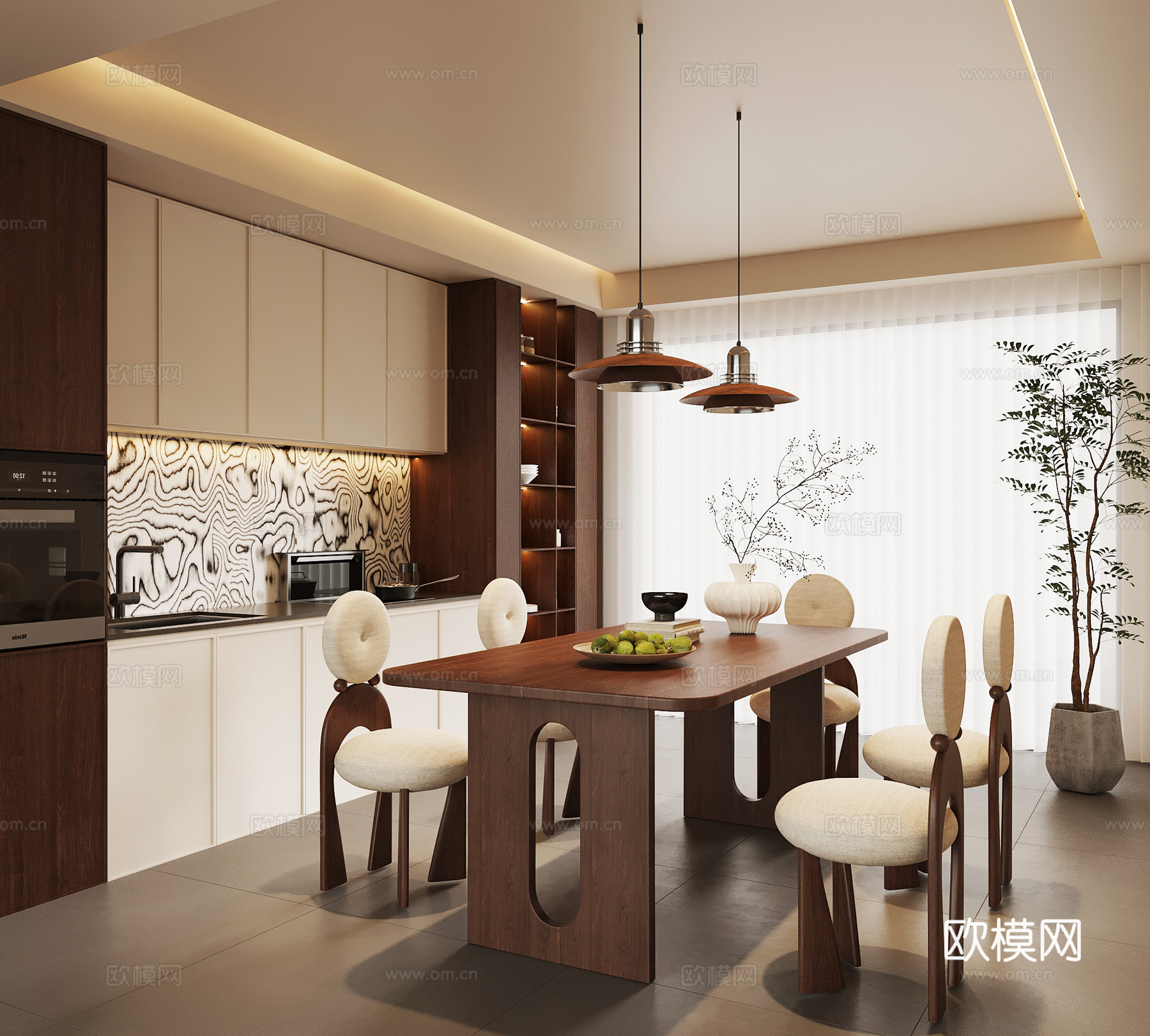 现代中古风餐厅 酒柜 餐桌椅3d模型下载