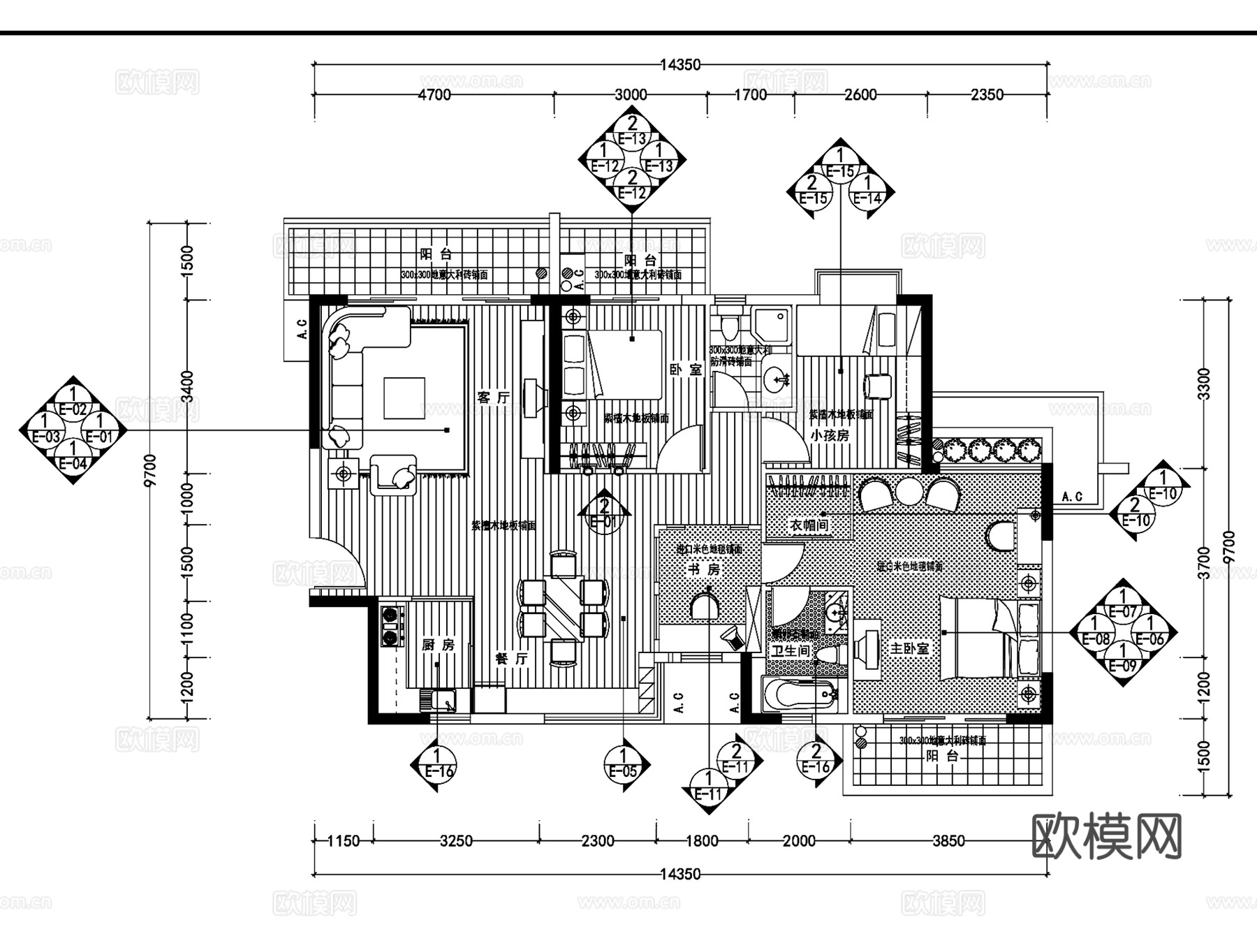 现代住宅样板房室内装饰CAD施工图全套 22套cad施工图