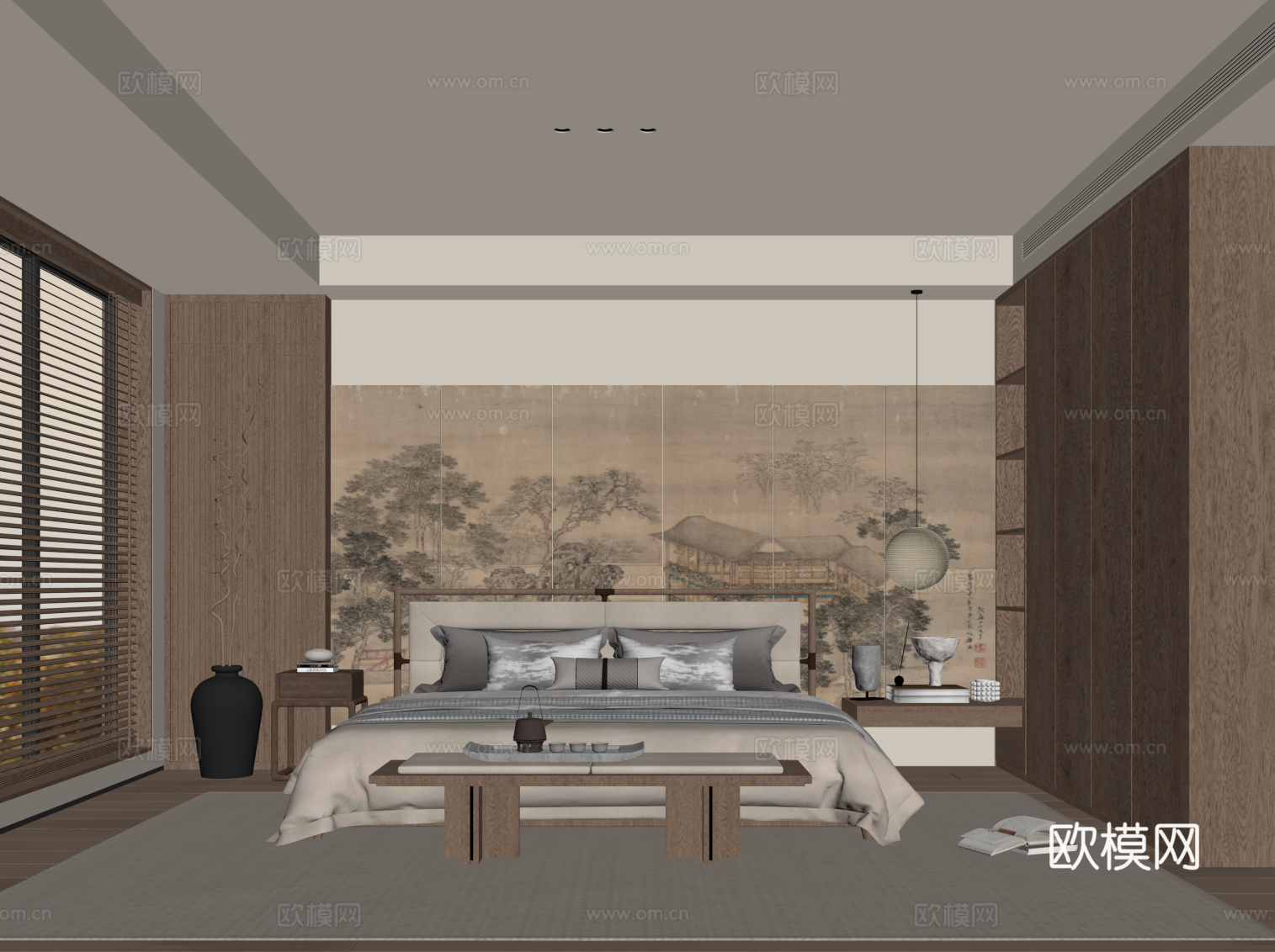 新中式卧室 宋式卧室 双人床 床头柜 衣柜su模型