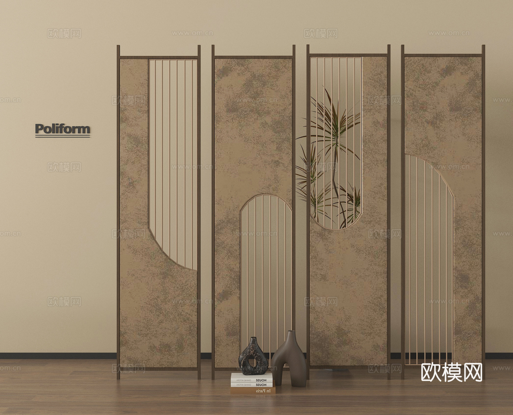 新中式屏风隔断 格栅屏风 木屏风su模型