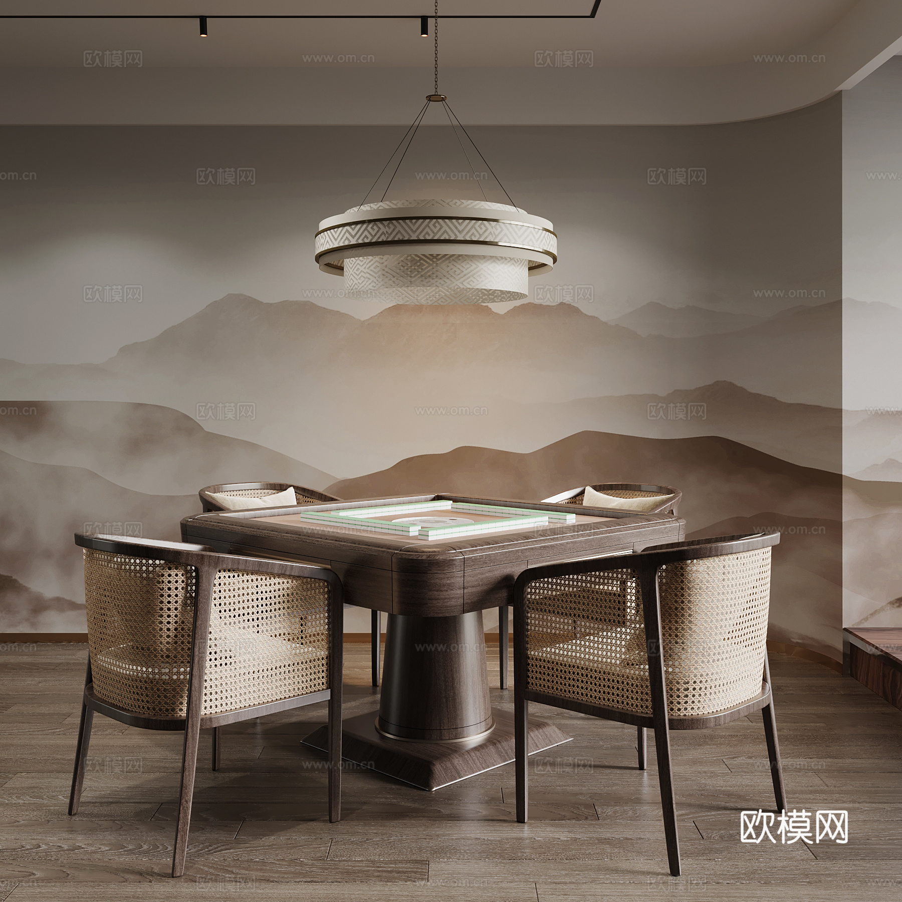 新中式棋牌室 麻将室 麻将桌su模型
