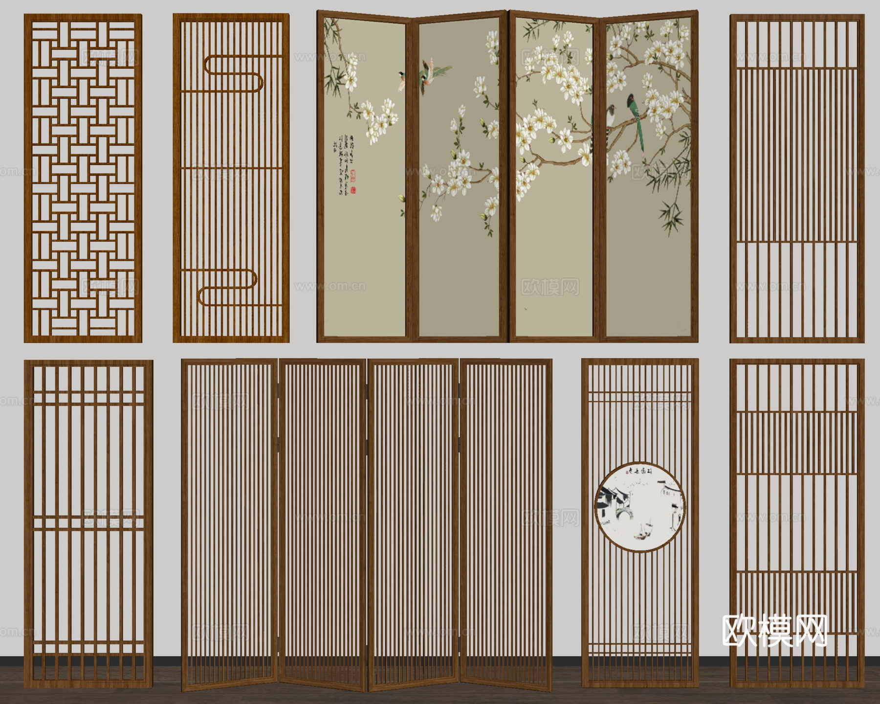 新中式屏风隔断 格栅屏风 木屏风 可折叠屏风su模型