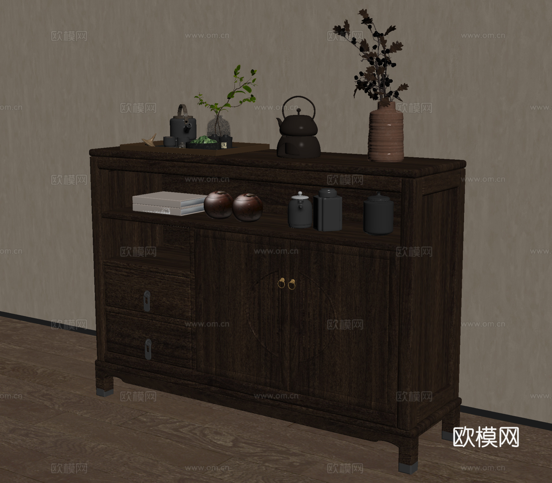 新中式餐边柜 茶水柜 储物柜 端景柜 矮柜su模型