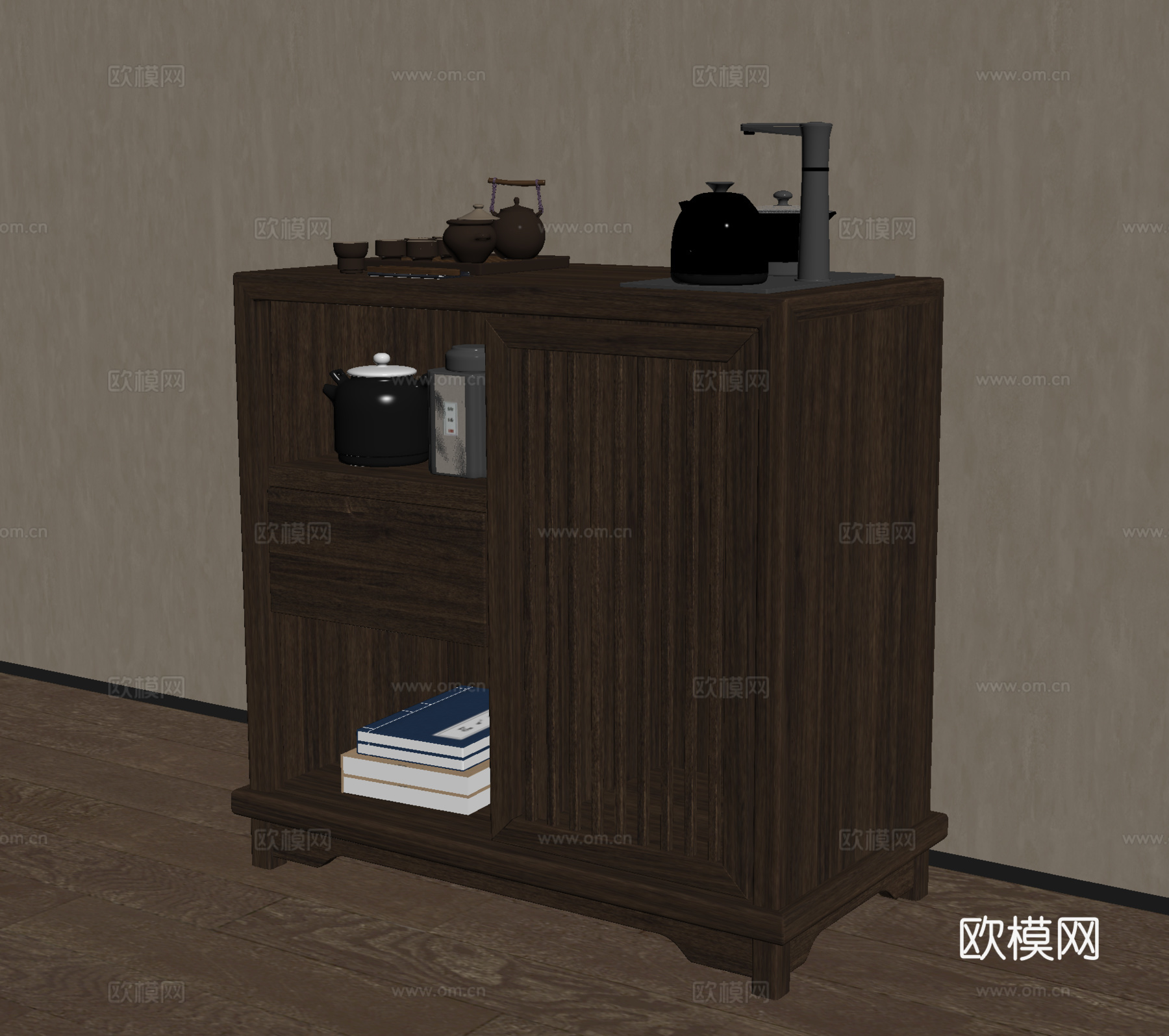 新中式餐边柜 茶水柜 储物柜 端景柜 矮柜 装饰柜su模型