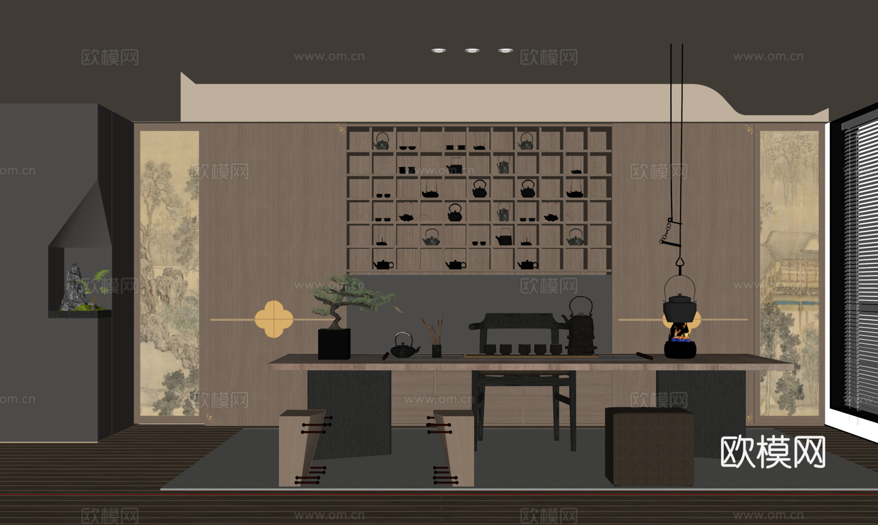 宋式茶室 会客室 茶柜背景墙 茶桌椅su模型