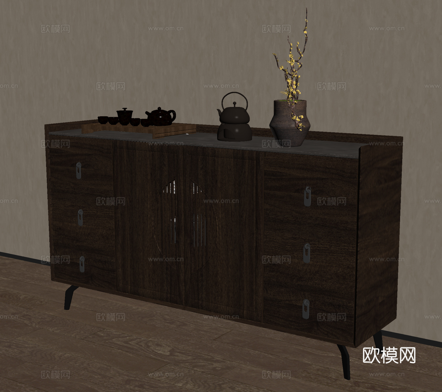 新中式餐边柜 茶水柜 储物柜 端景柜 矮柜su模型