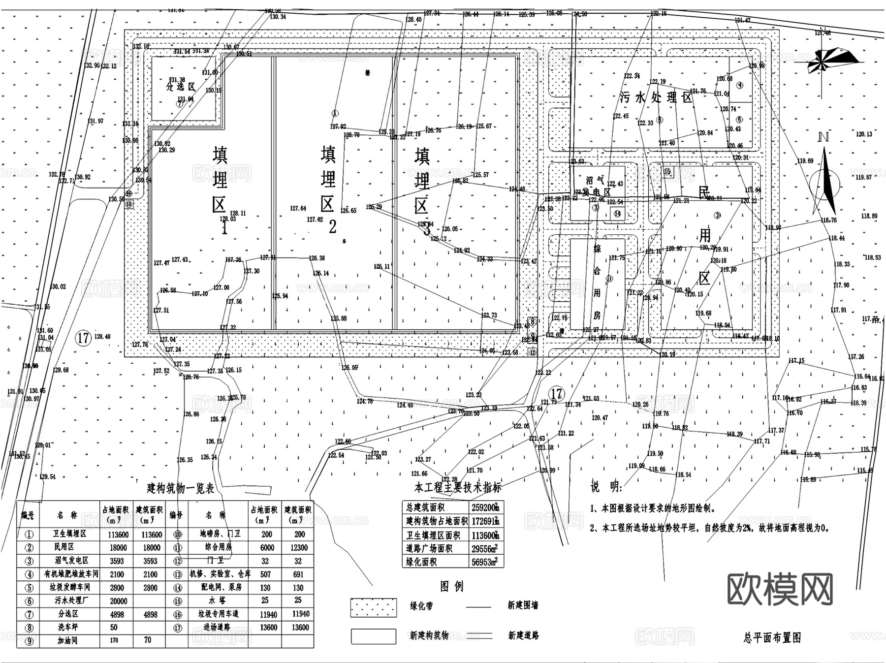 武汉市生活垃圾填埋场工程CAD施工图全套cad施工图