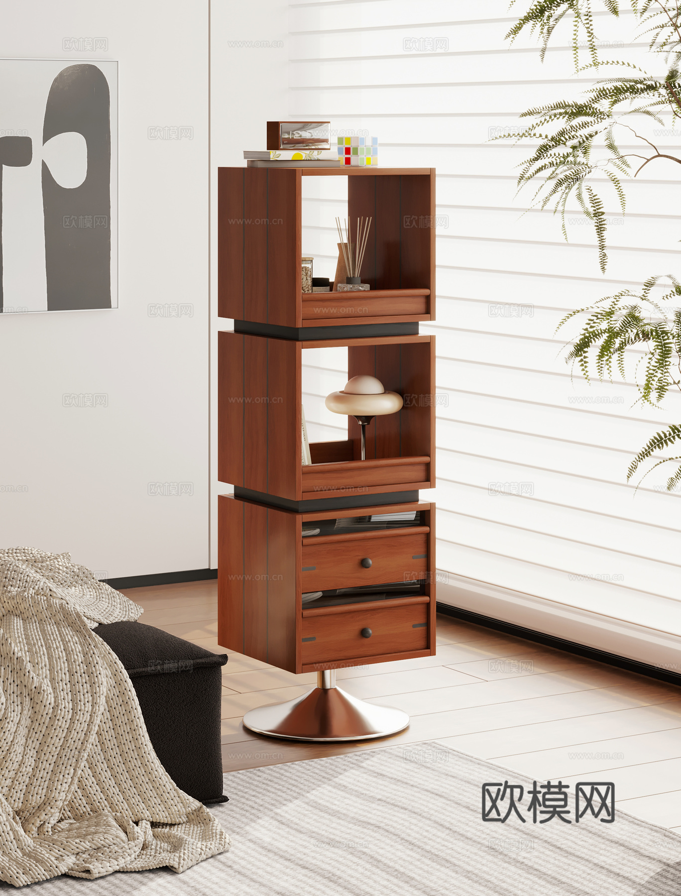 现代中古风置物架 落地书架 旋转边几 储物柜架3d模型下载