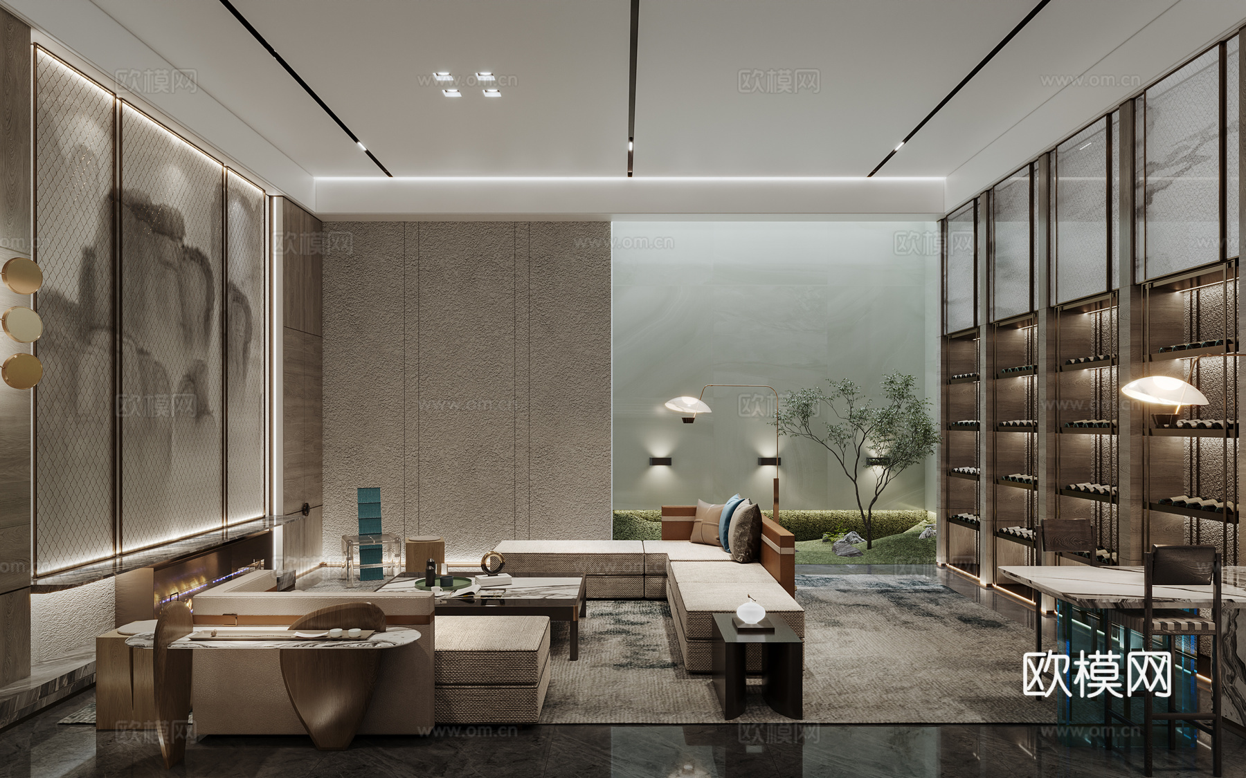 新中式地下室会客厅3d模型下载（渲染图2）