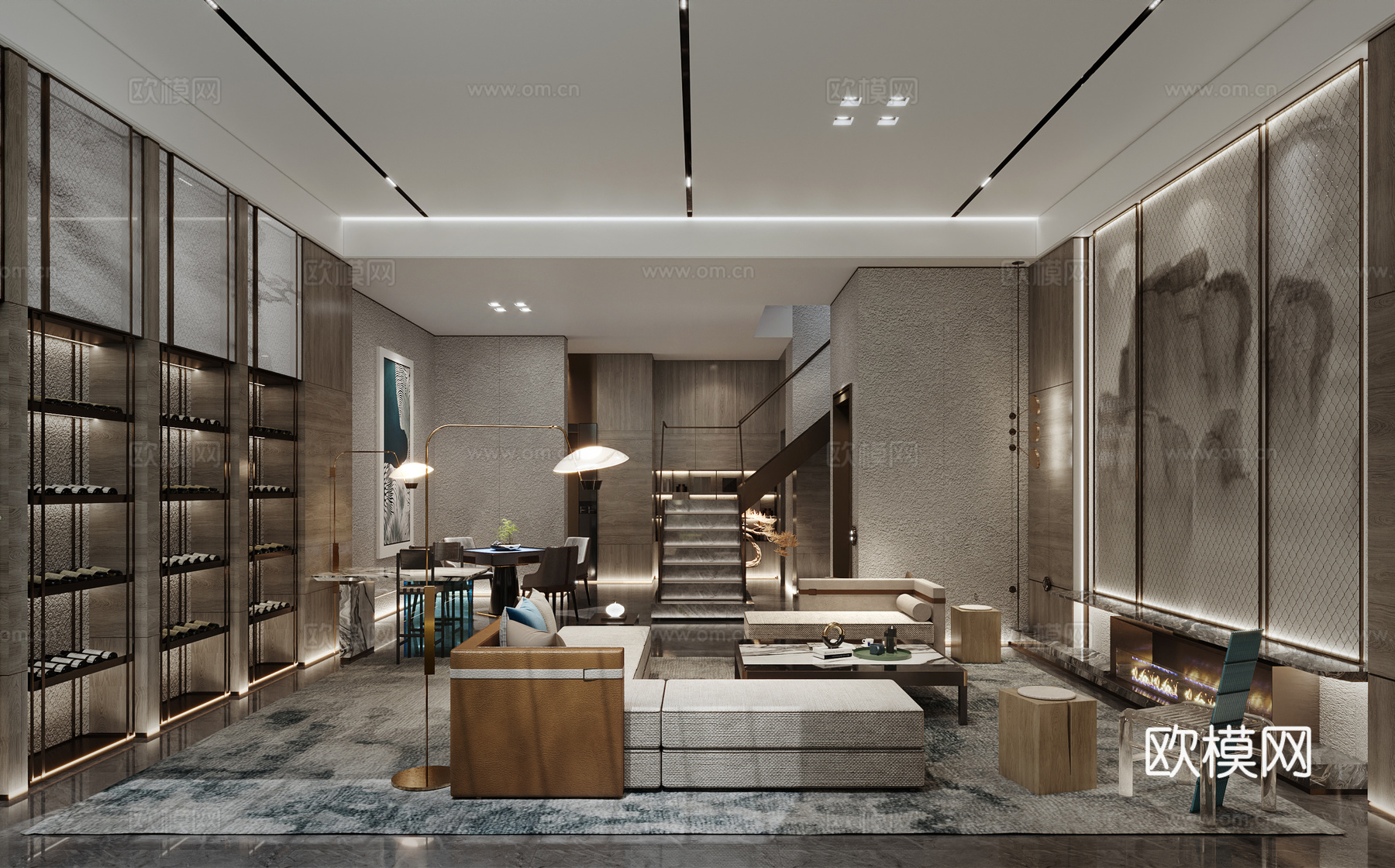 新中式地下室会客厅3d模型下载（渲染图1）