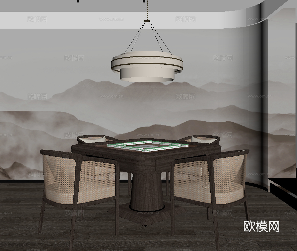 新中式棋牌室 麻将室 麻将桌su模型