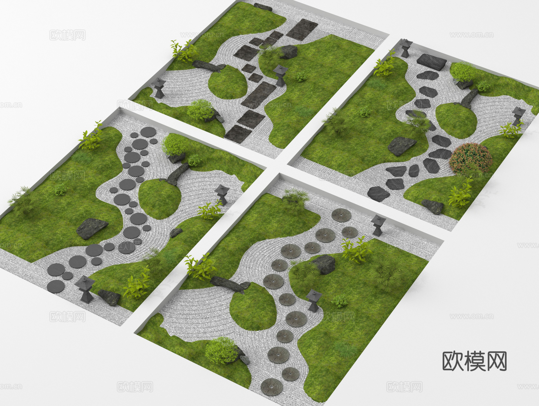 新中式汀步 景观园路 景观铺装 石板路 微地形su模型