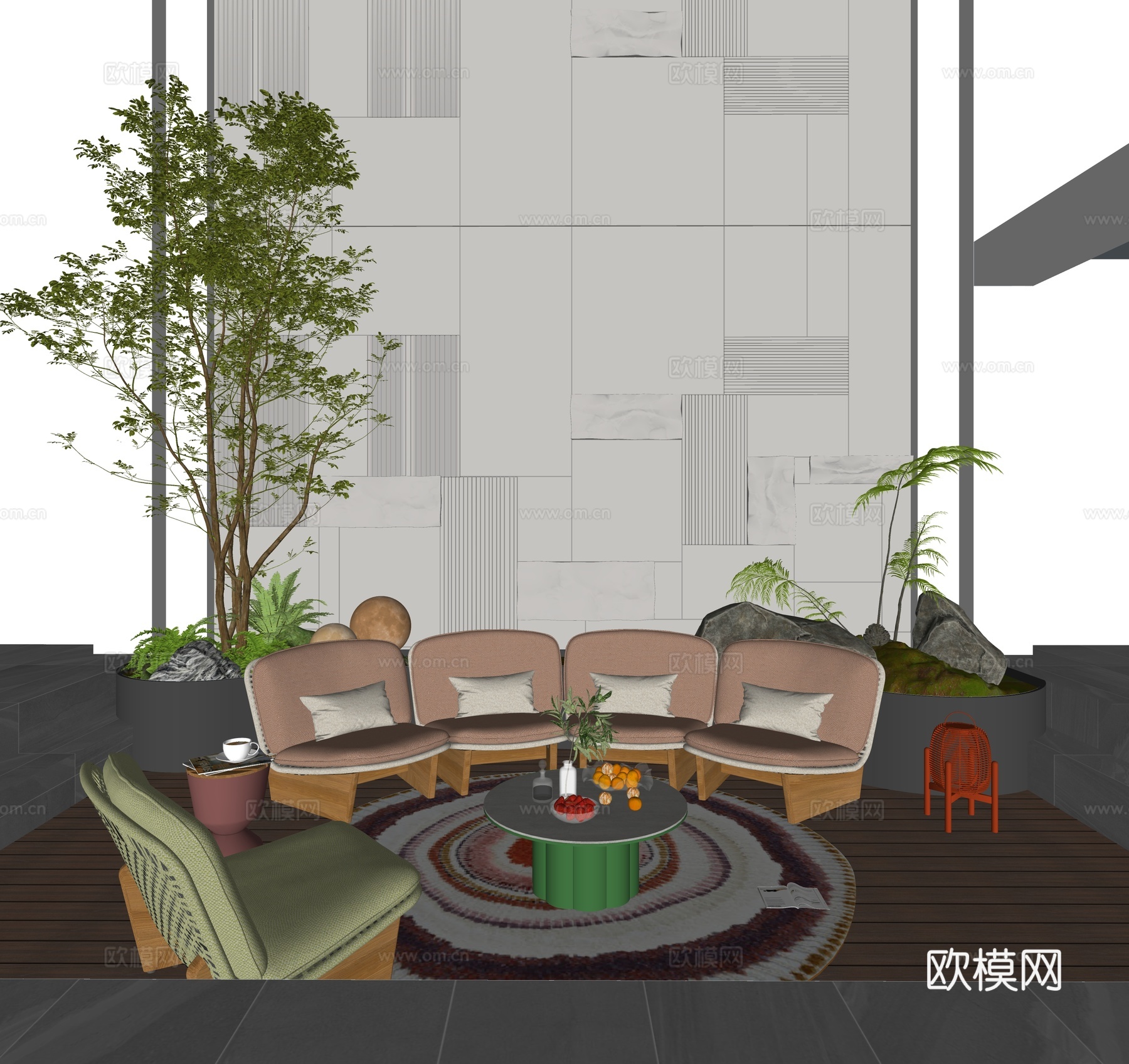 现代庭院天井 下沉空间 石材背景墙 禅意枯山水 休闲弧形模块su模型
