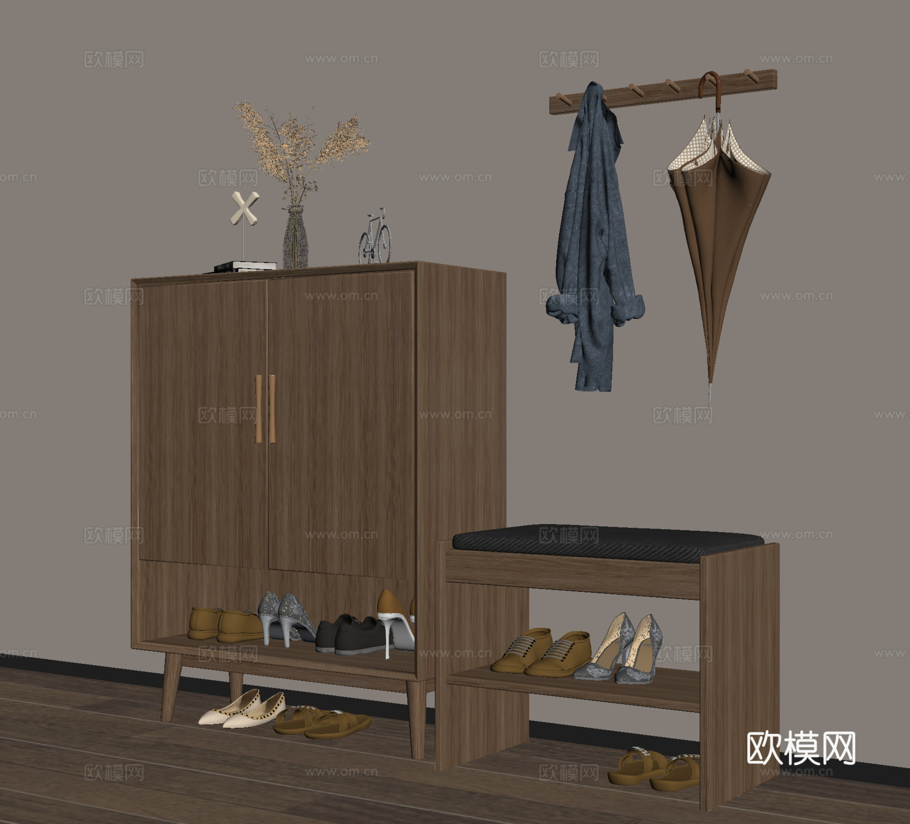 新中式鞋柜 玄关柜 木材 矮柜 换鞋凳su模型